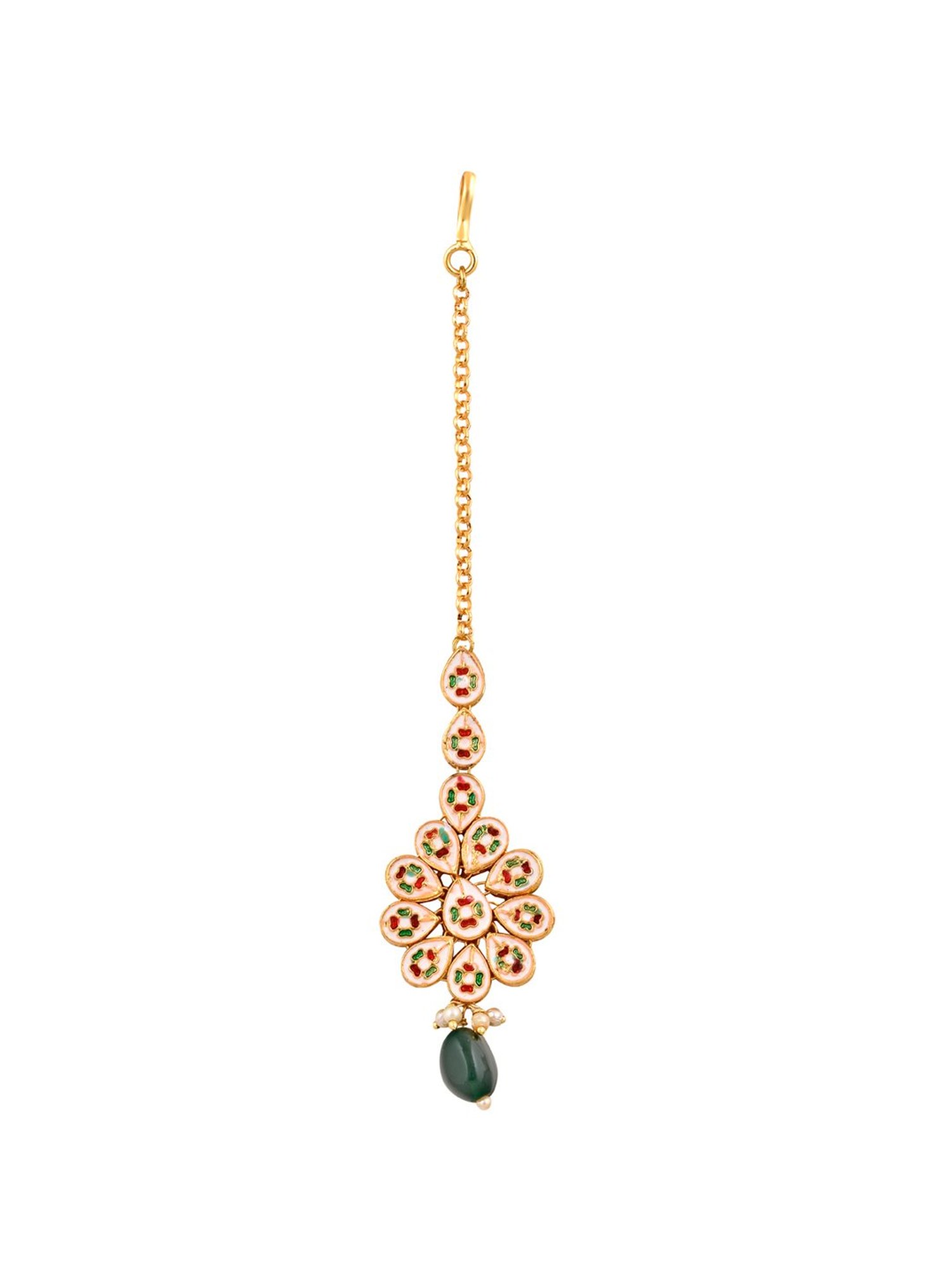 Curio Cottage Meira Kundan Green Droplet Maang Tikka for Women