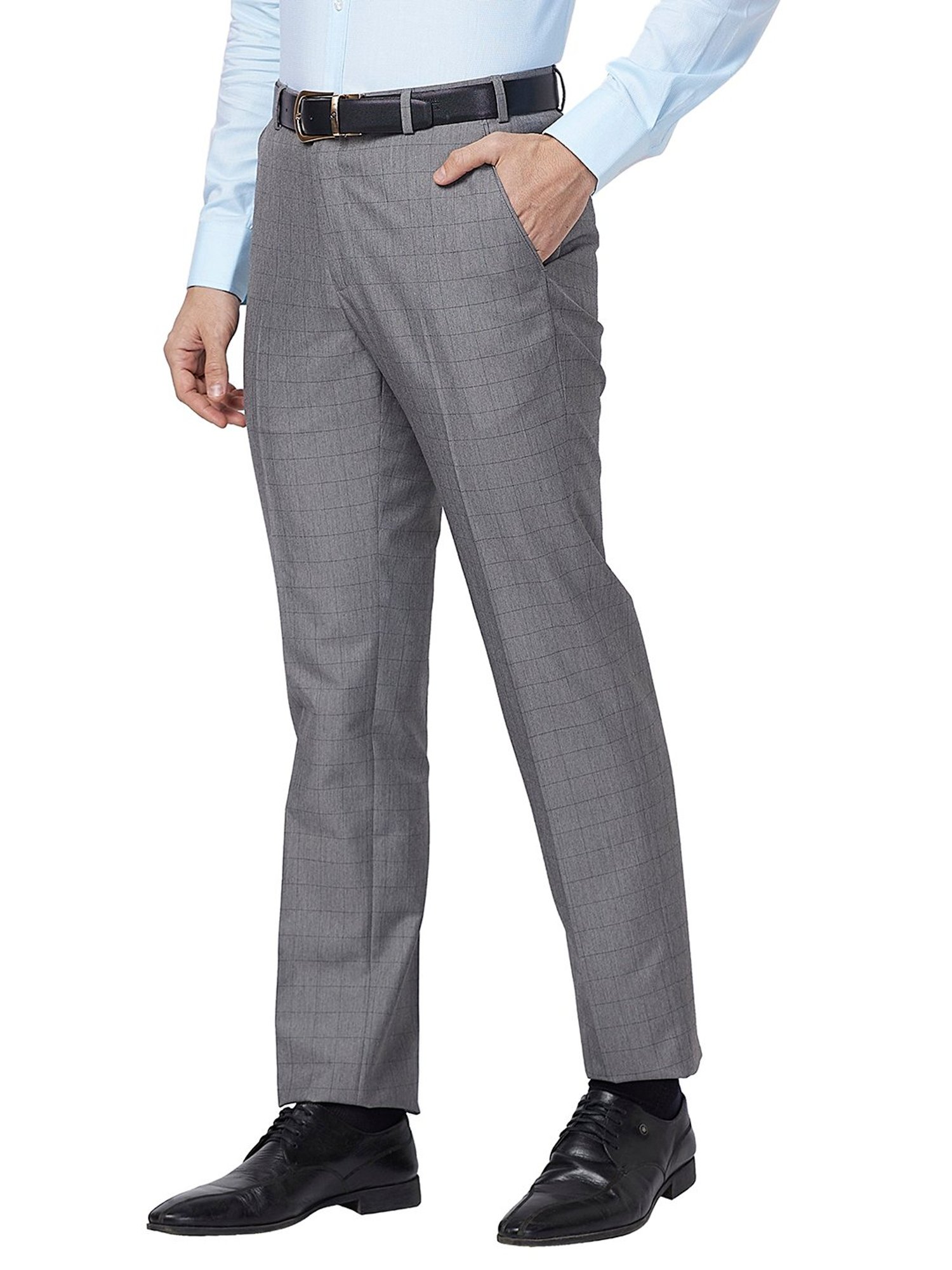 Park Avenue Grey Regular Fit Check Flat Front Trousers