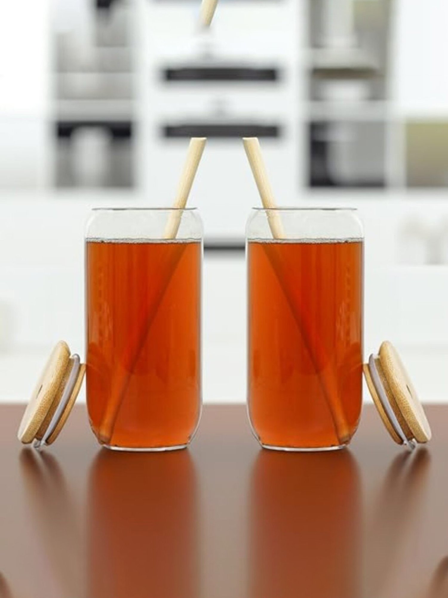 Femora Solid Transparent Glass Coffee Mug with Wooden Lid and Wooden Straw (500ml) - Set of 2