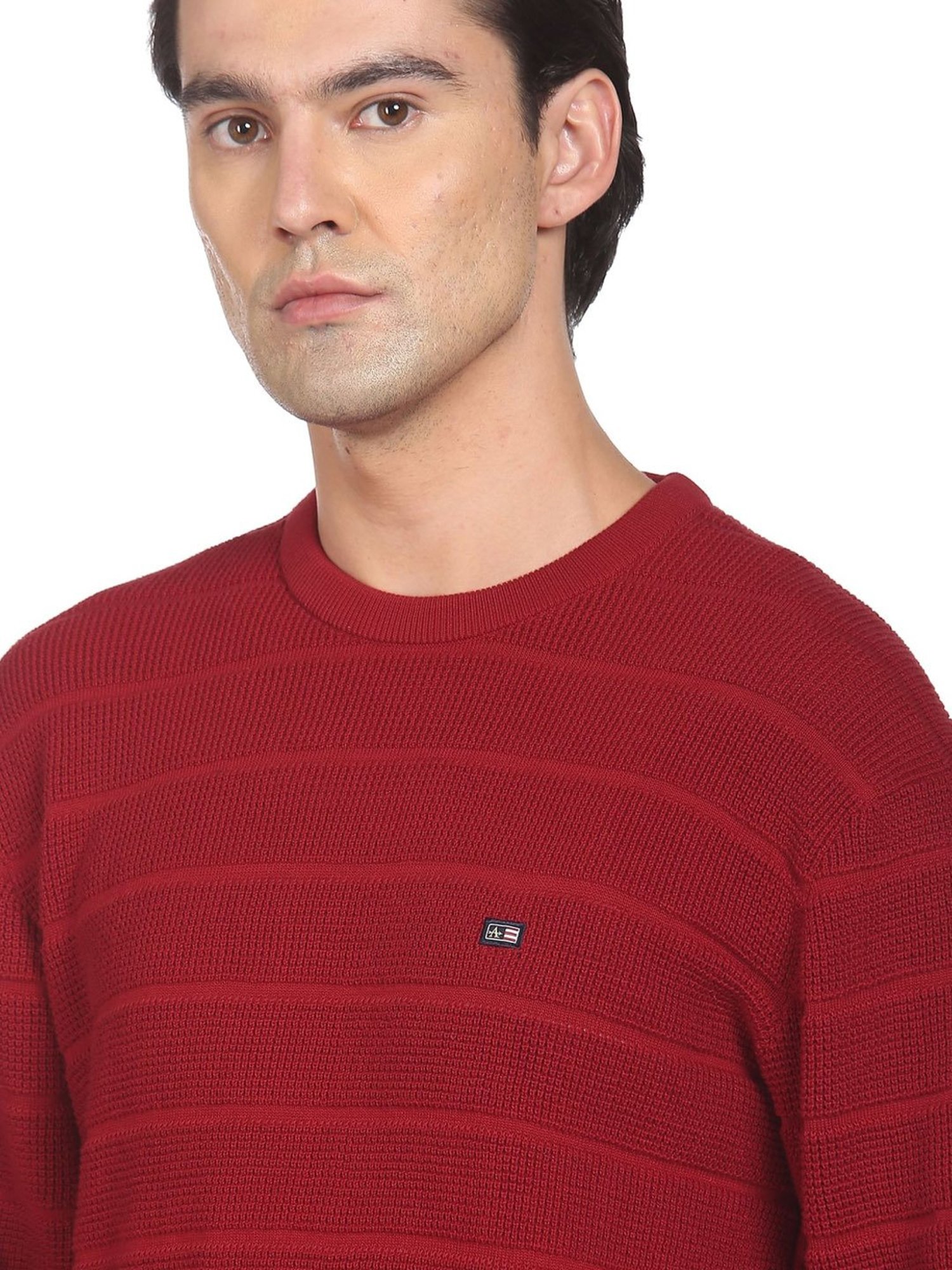 Arrow Sport Red Cotton Regular Fit Striped Sweater