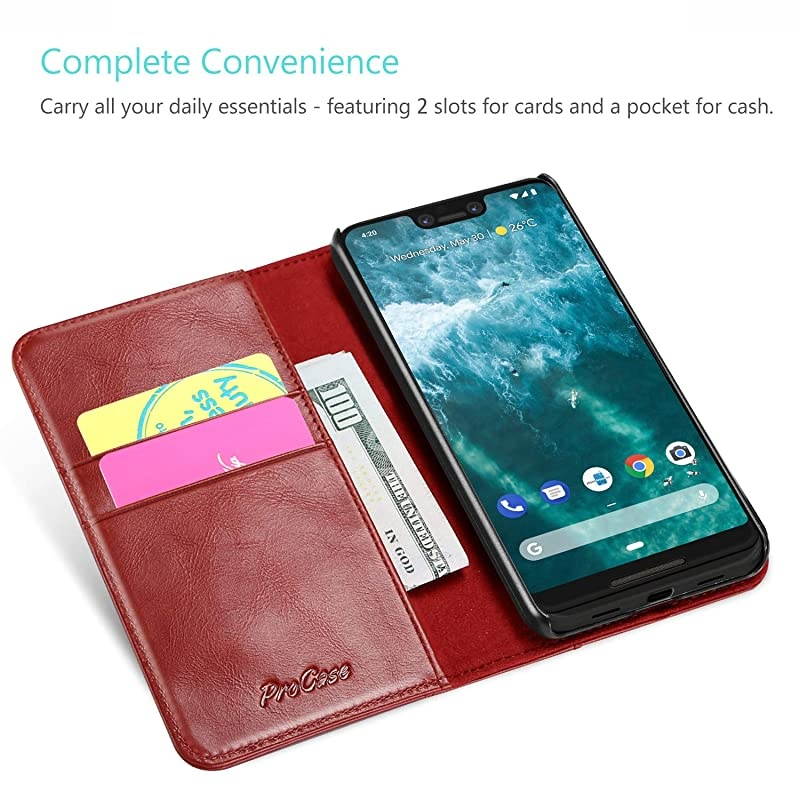 Genuine Leather Case for Pixel 3 XL, Vintage Wallet Folding Flip Case with Kickstand Card Holder Protective Cover for Google Pixel 3XL (2018 Release) -Red
