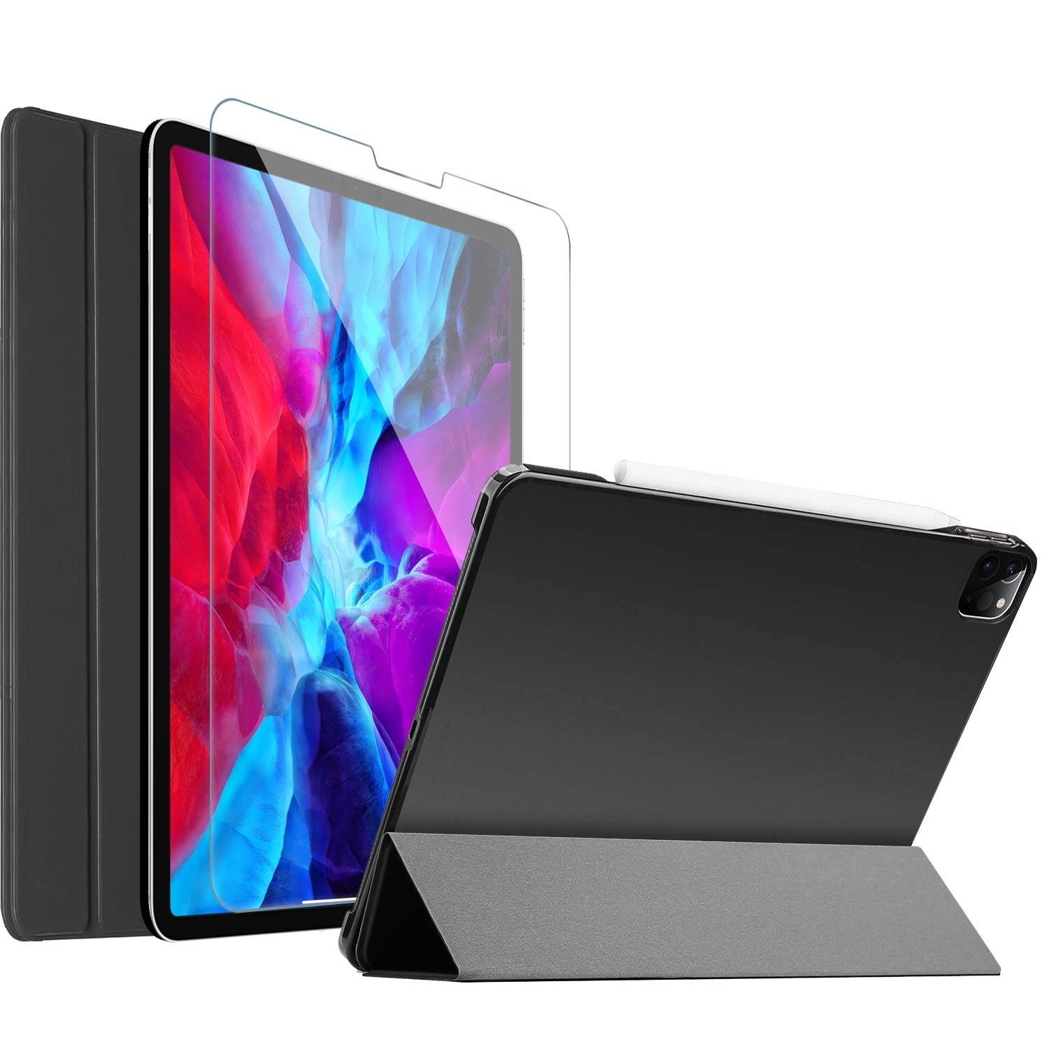 ProCase iPad Pro 12.9 Case with Tempered Glass Screen Protector 2020 2018, Slim Stand Hard Shell Protective Smart Cover for iPad Pro 12.9" 4th Gen/iPad Pro 12.9" 3rd Gen &ndash;Black