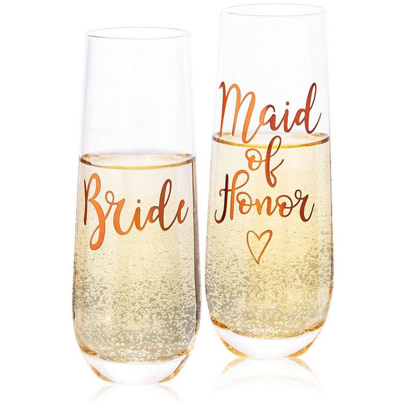Juvale 2-Pack Rose Gold Glass Bride & Maid of Honor Stemless Champagne Wedding Glasses Flutes, 9.8 oz