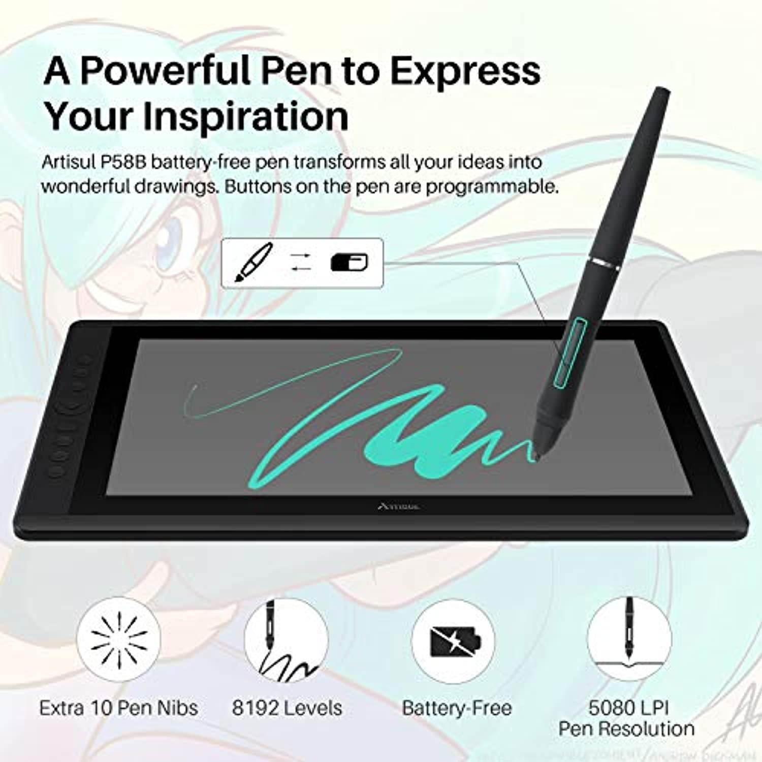 Artisul D16 15.6 Inch Drawing Tablet with Screen FHD Graphics Drawing Monitor Pen Display with 8192 Levels Pen Pressure 7 Customized Shortcut Keys and a Dial for Drawing,Design and Home O (ArtisulD16)