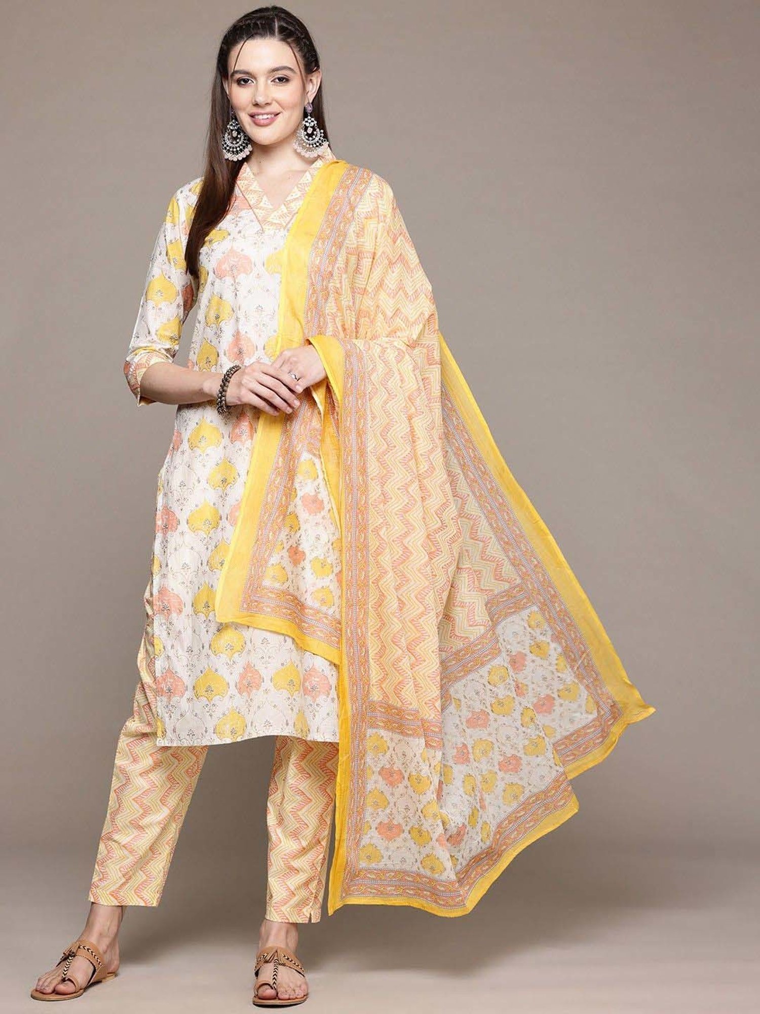 READIPRINT FASHIONS Beige Cotton Printed Kurta Pant Set With Dupatta