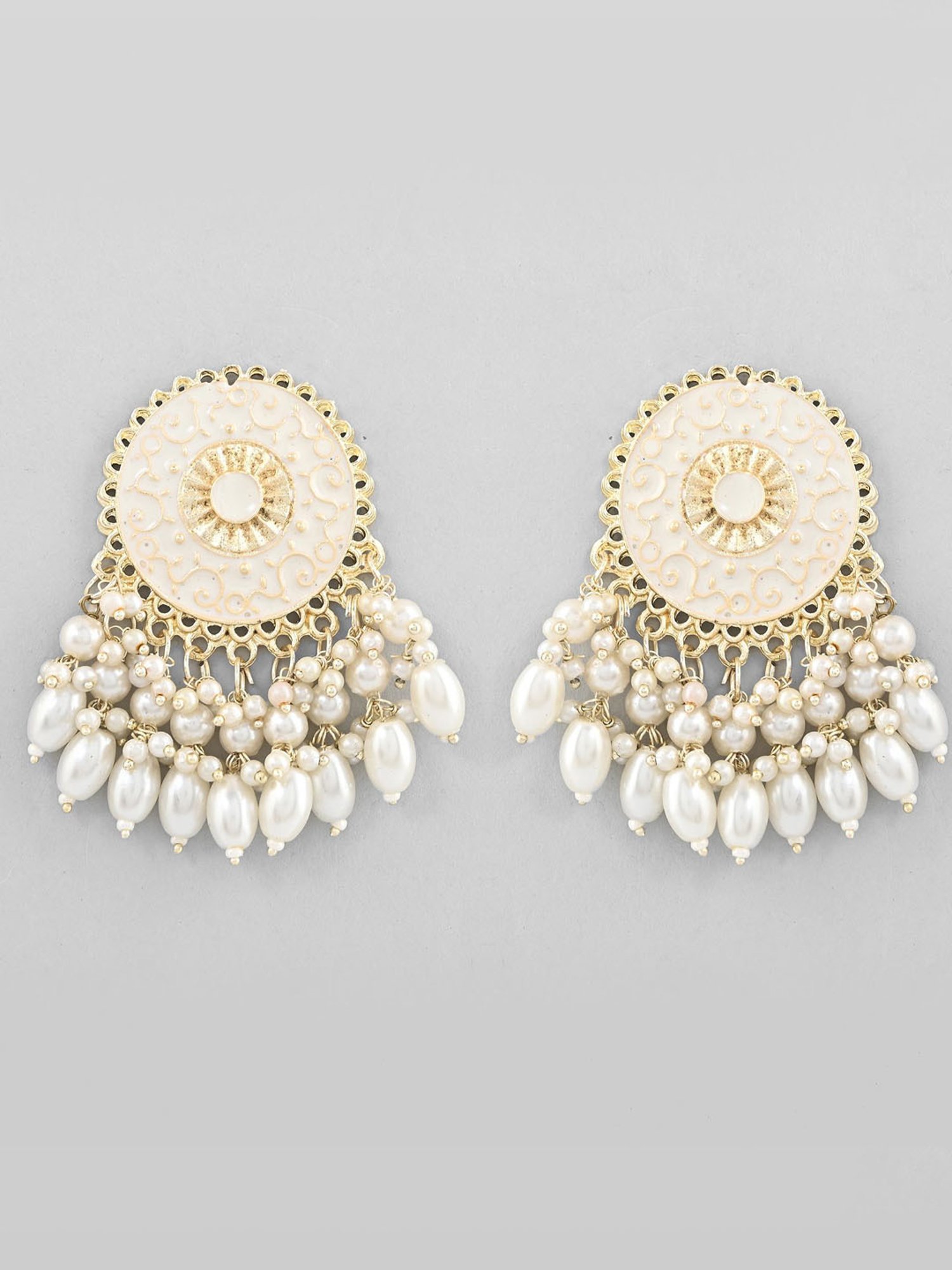 VOJ Gold Plated White Circular Earrings with Pearls for Women