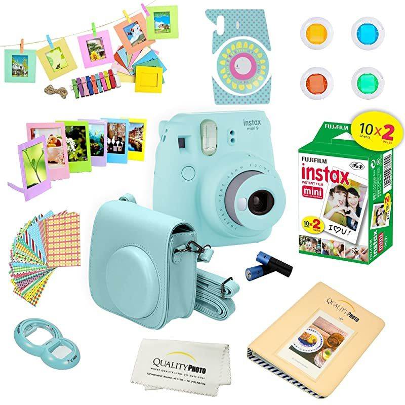 Instax Mini 9 Instant Camera w/ Instax Mini 9 Instant Films (20 Pack) + A14 Pc Deluxe Bundle for  Instax Mini 9 Camera (cobalt blue)