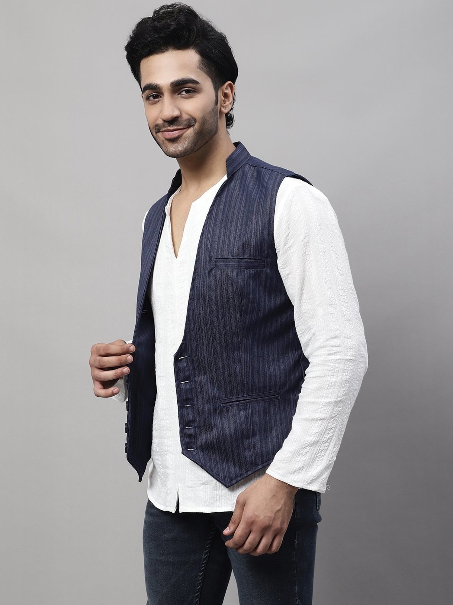 Even Blue Regular Fit Striped Waistcoat