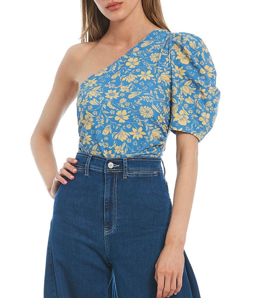 Free People Somethin Bout You Floral One Shoulder Puff Sleeve Bodysuit