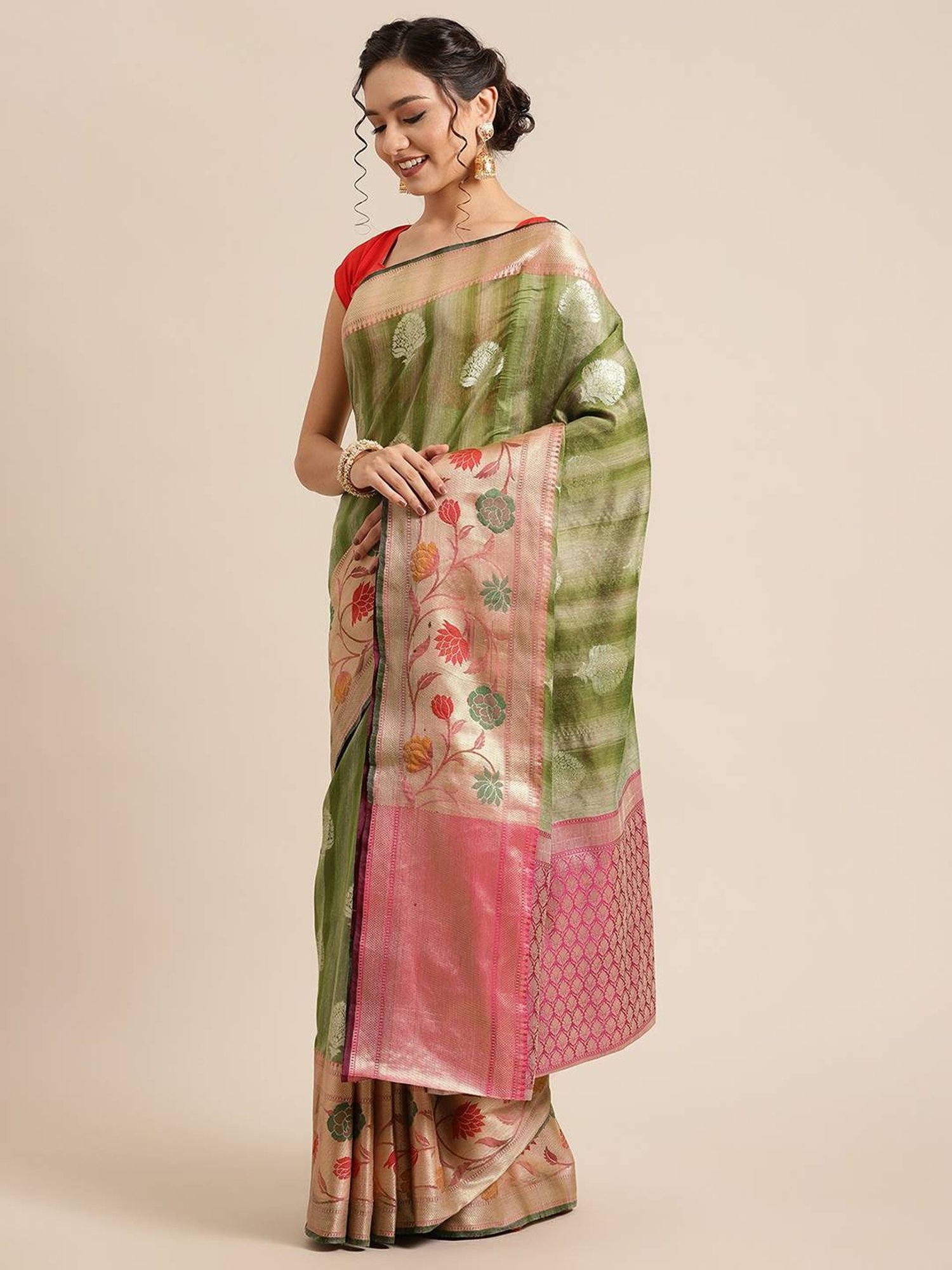 Banarasi Silk Works Green Woven Saree with Blouse