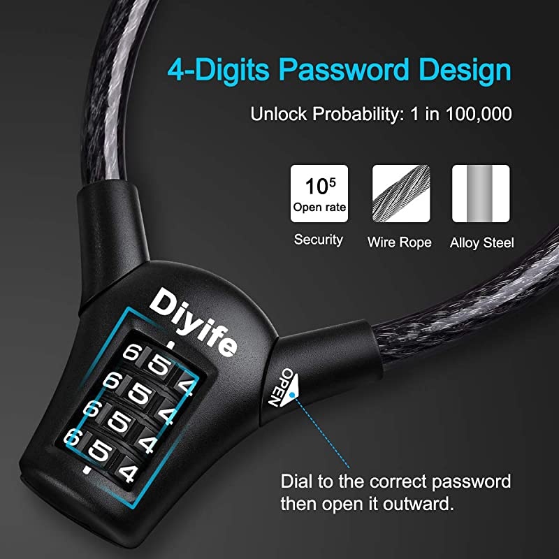 Bike Lock, [Reinforce Version]  Heavy Duty Bicycle Lock, Waterproof 4-Digit Resettable Combination Anti-Theft Bicycle Lock for Outdoor Bicycle, Motorcycles, Scooters,(1.5mx12mm)