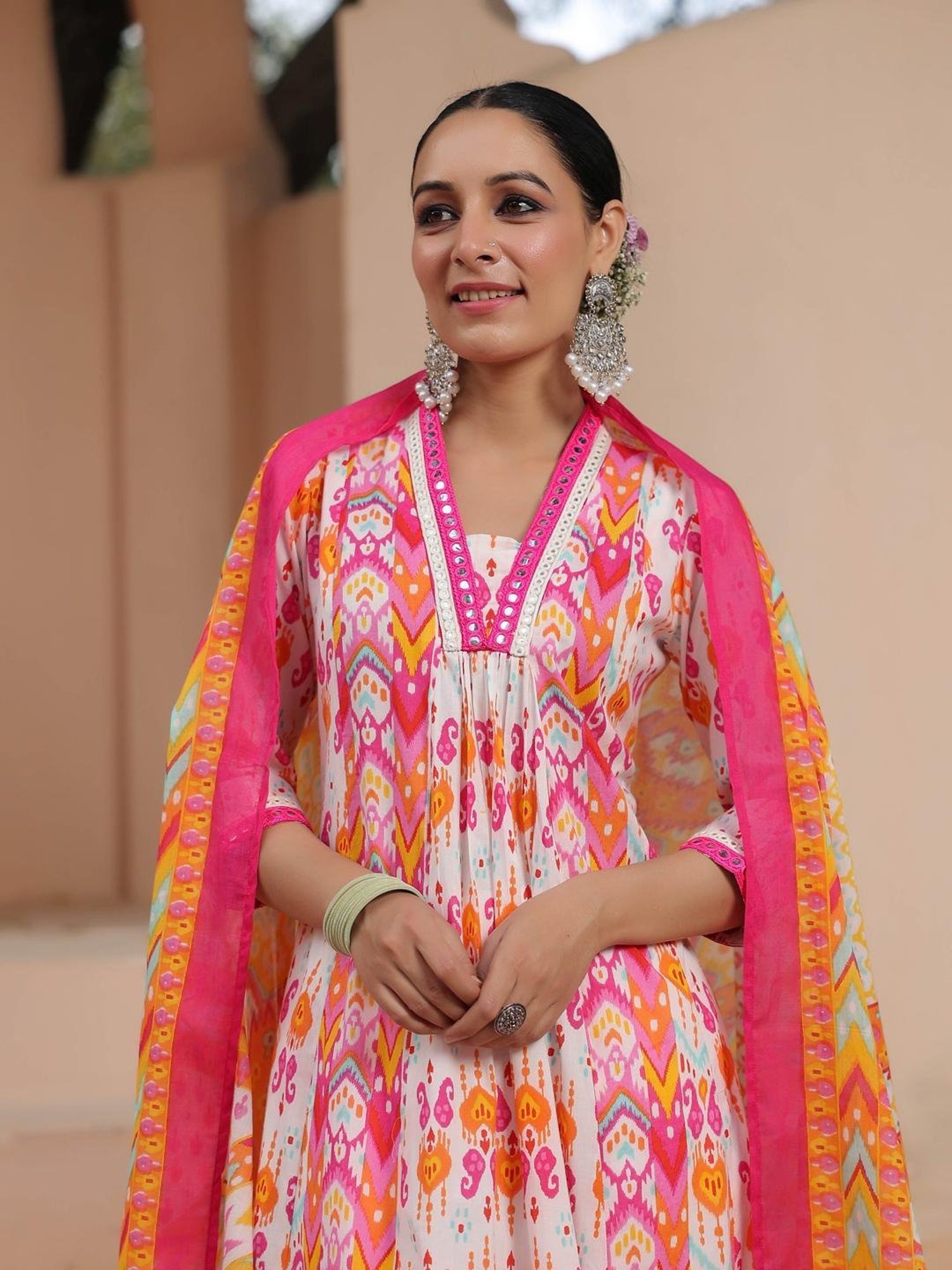 Rain and Rainbow Pink & White Cotton Printed Kurta & Pant Set With Dupatta