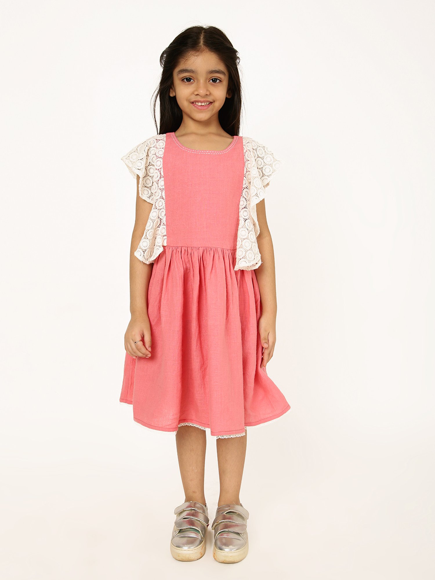 A Little Fable Girls Coral & White Self Design Dress
