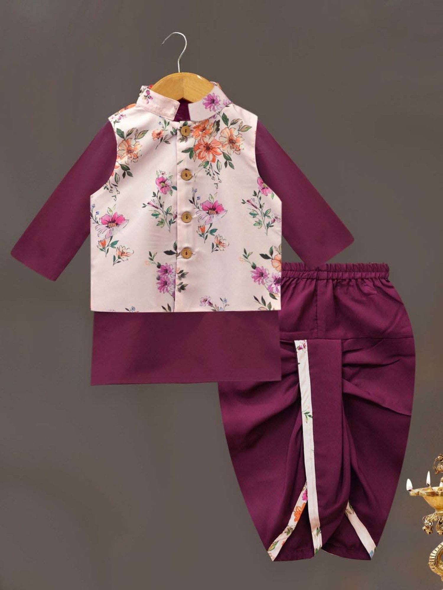 A.T.U.N. Boys Wine & Pink Printed Full Sleeves Kurta Set