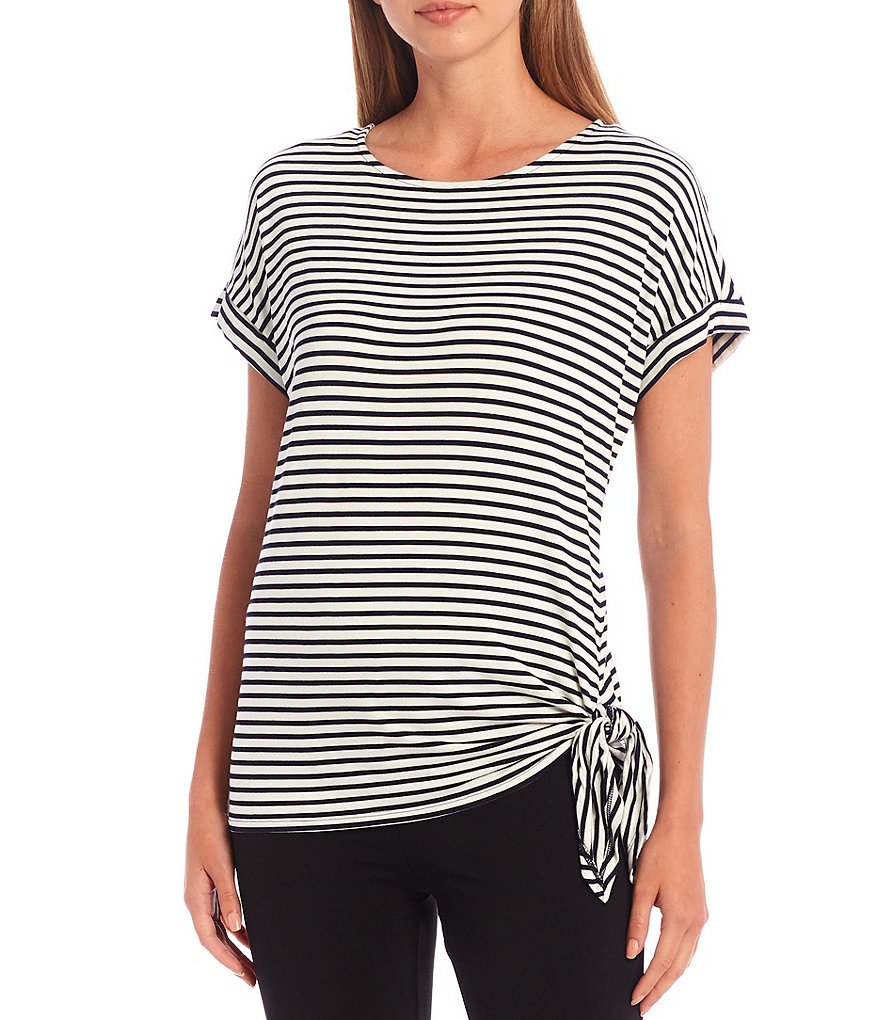 Calvin Klein Contrast Stripe Print Knit Jersey Short Sleeve Side-Tie Top