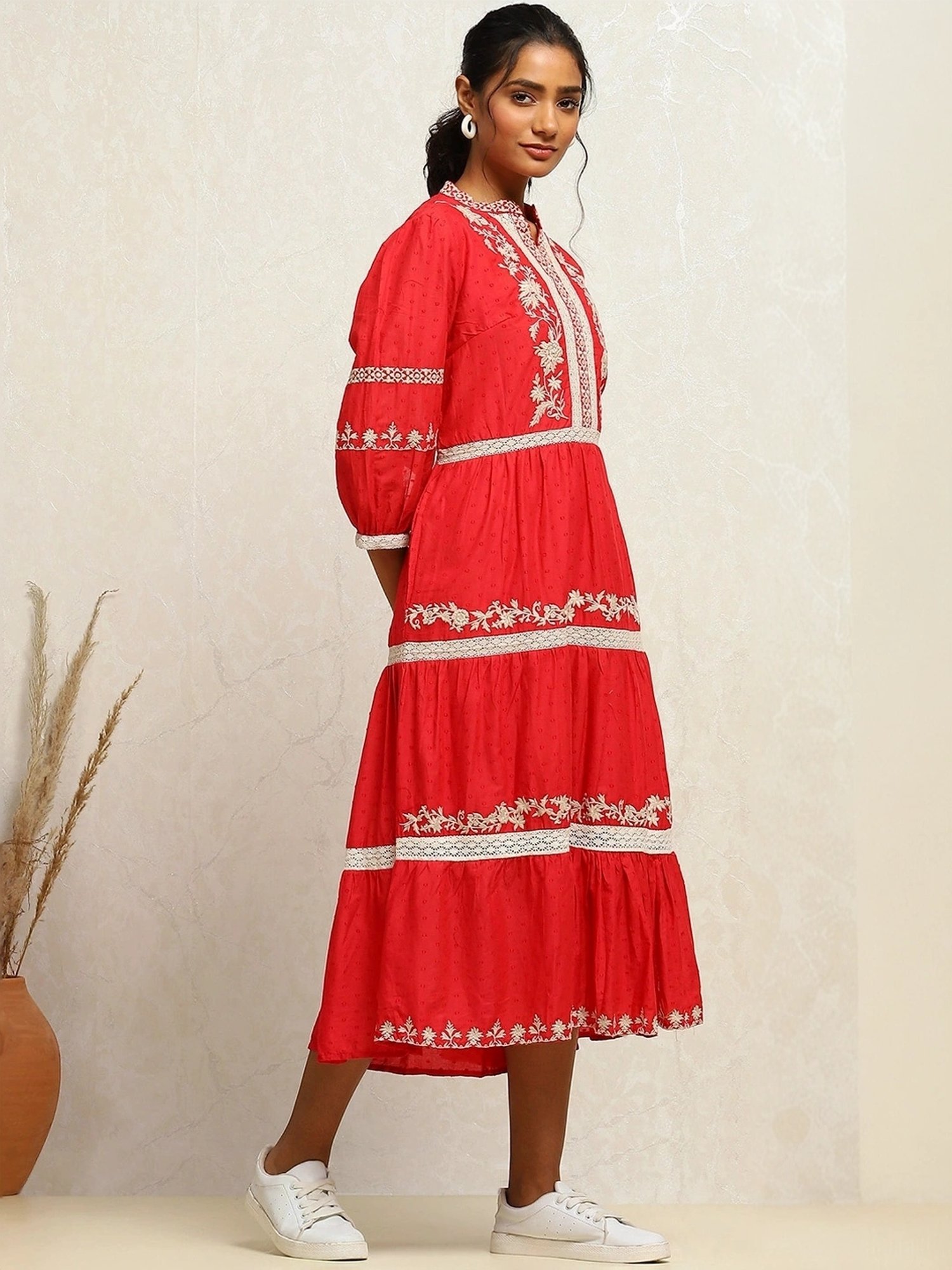 Biba Red Cotton Embroidered A-Line Dress
