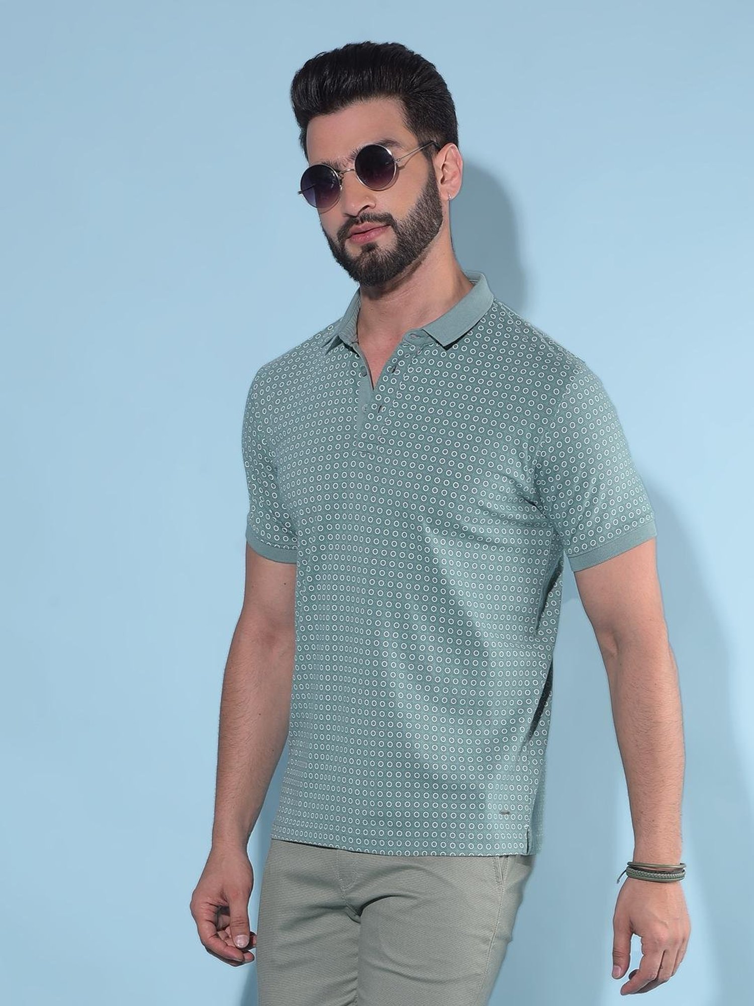 Crimsoune Club Green Cotton Slim Fit Printed Polo T-Shirt