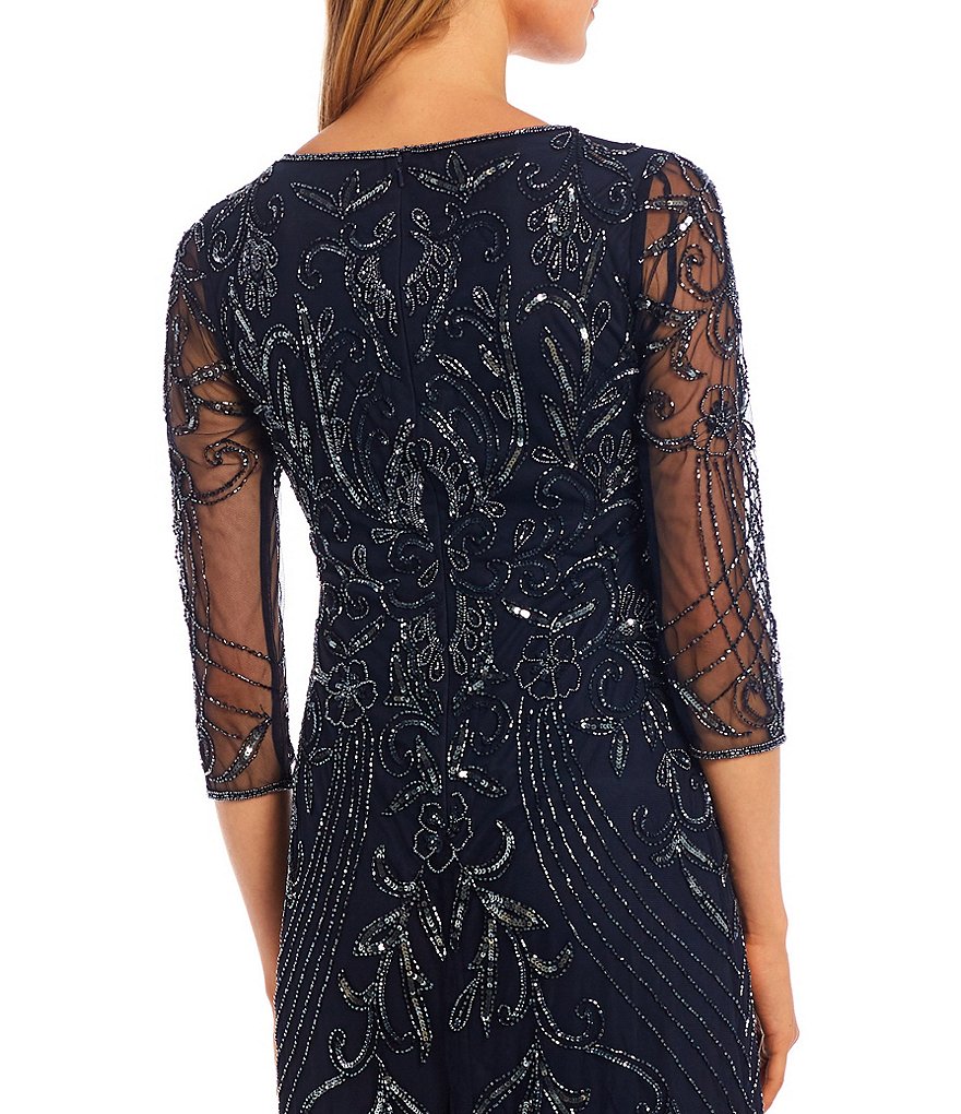Pisarro Nights 3/4 Sleeve Jewel Neck Long Mesh Beaded Gown With Godets