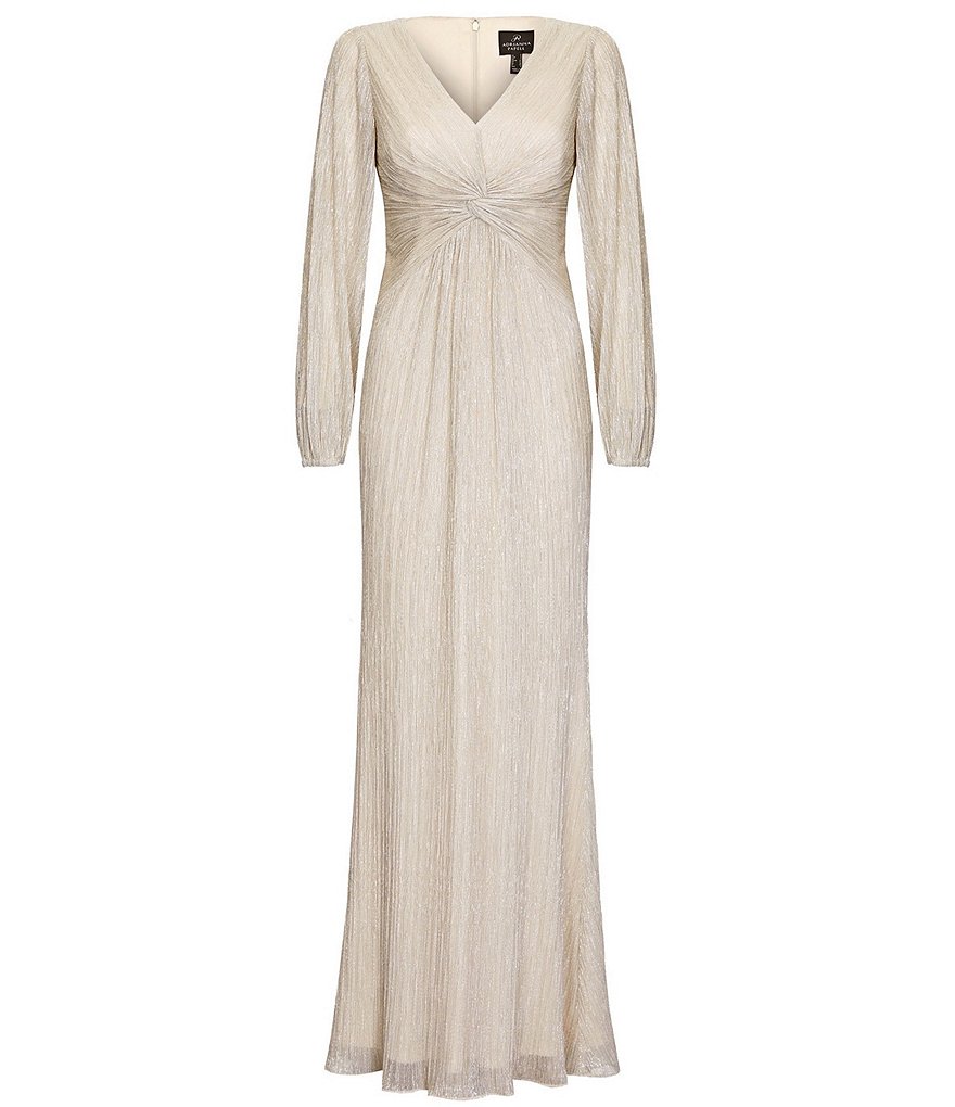 Adrianna Papell Glitter Metallic Knit Twist Front Long Sleeve Draped Gown