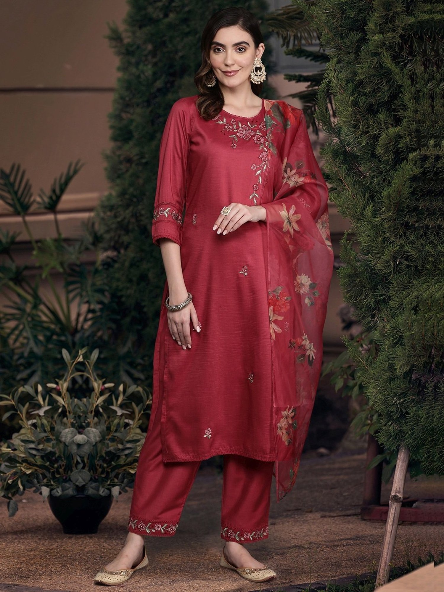 Indo Era Maroon Embroidered Kurta Pant Set With Dupatta