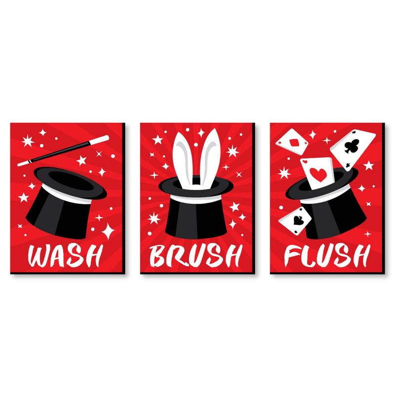 Big Dot of Happiness Ta-Da, Magic Show - Magical Kids Bathroom Rules Wall Art - 7.5 x 10 inches - Set of 3 Signs - Wash, Brush, Flush