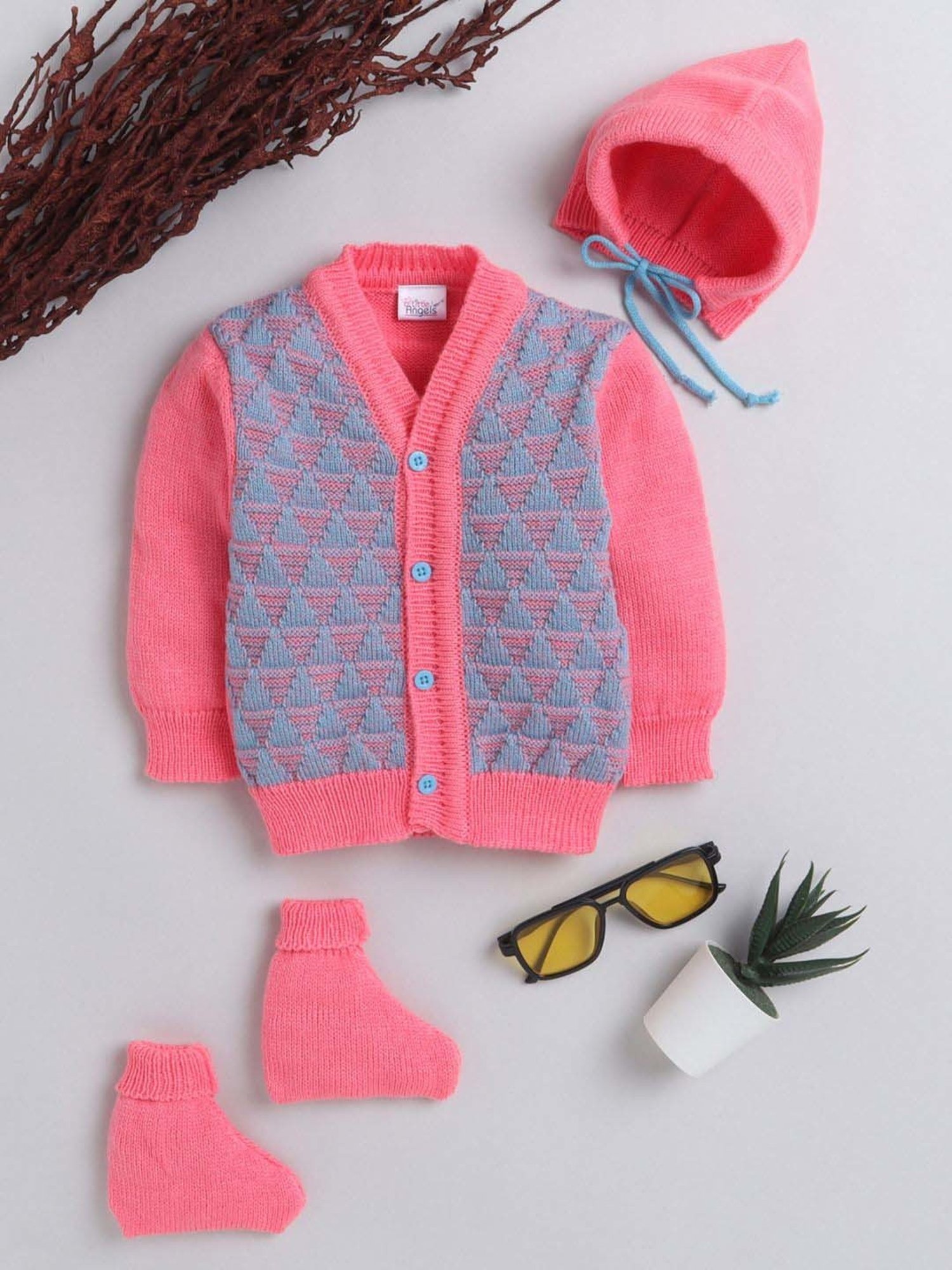 Little Angels Kids Neon Pink & Blue Textured Pattern Full Sleeves Sweater Set