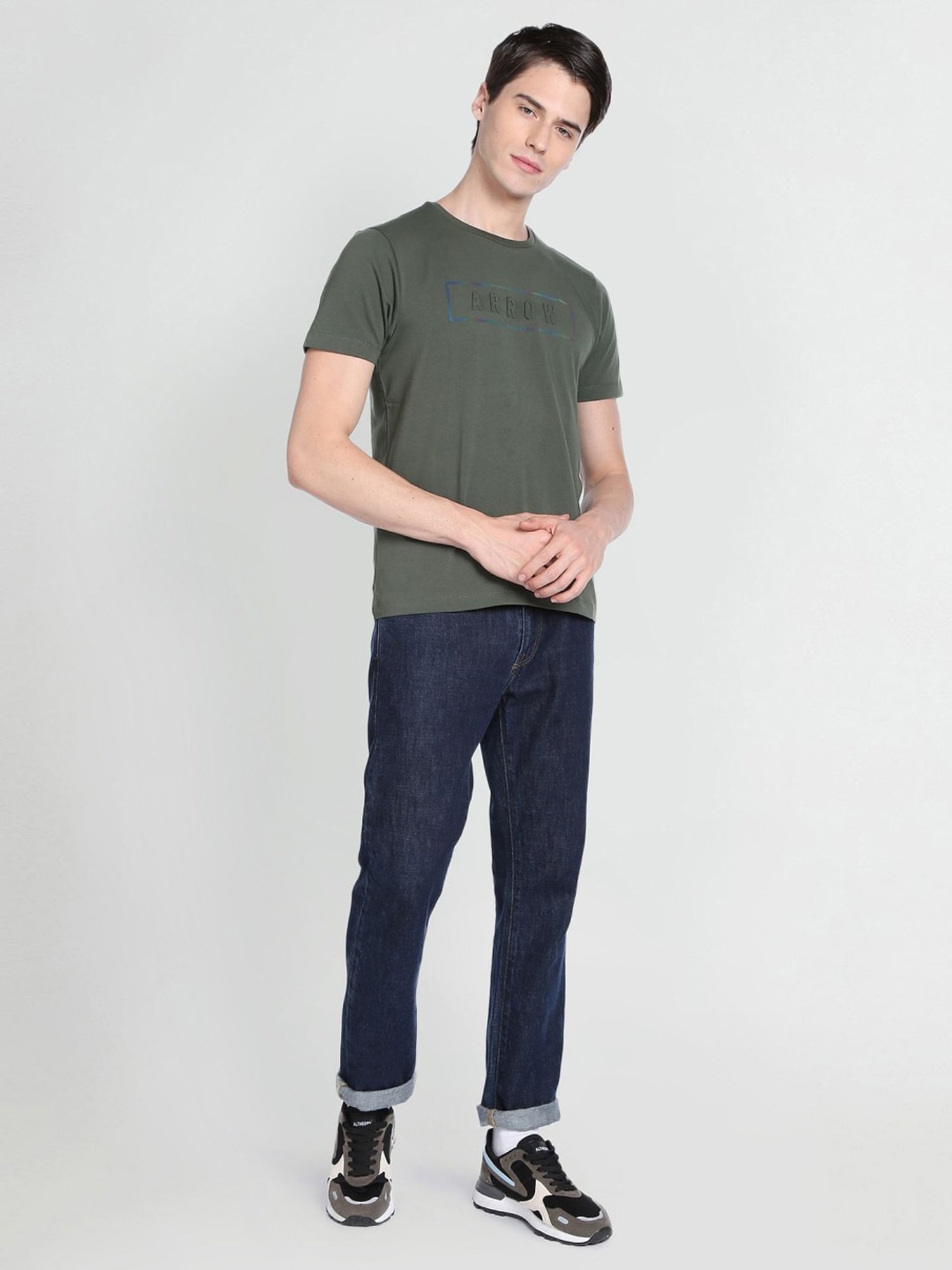 Arrow New York Green Cotton Regular Fit Printed T-Shirt