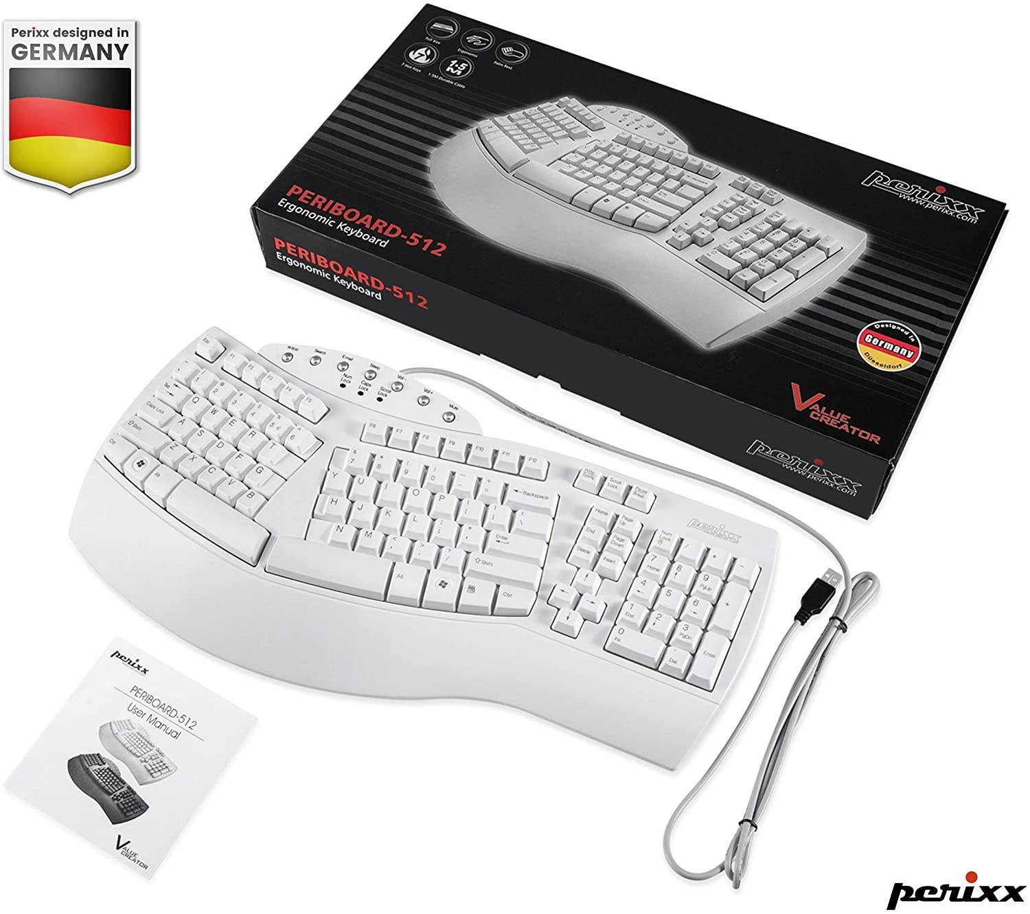 Perixx PERIBOARD-512W Periboard-512 Ergonomic Split Keyboard - Natural Ergonomic Design - White - Bulky Size 19.09"X9.29"X1.73", US English Layout