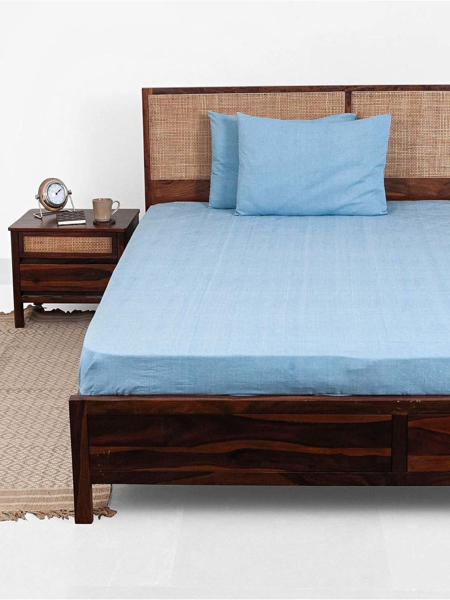 Fabindia Blue Cotton 92 TC Single Bed Sheet With Pillow Cover