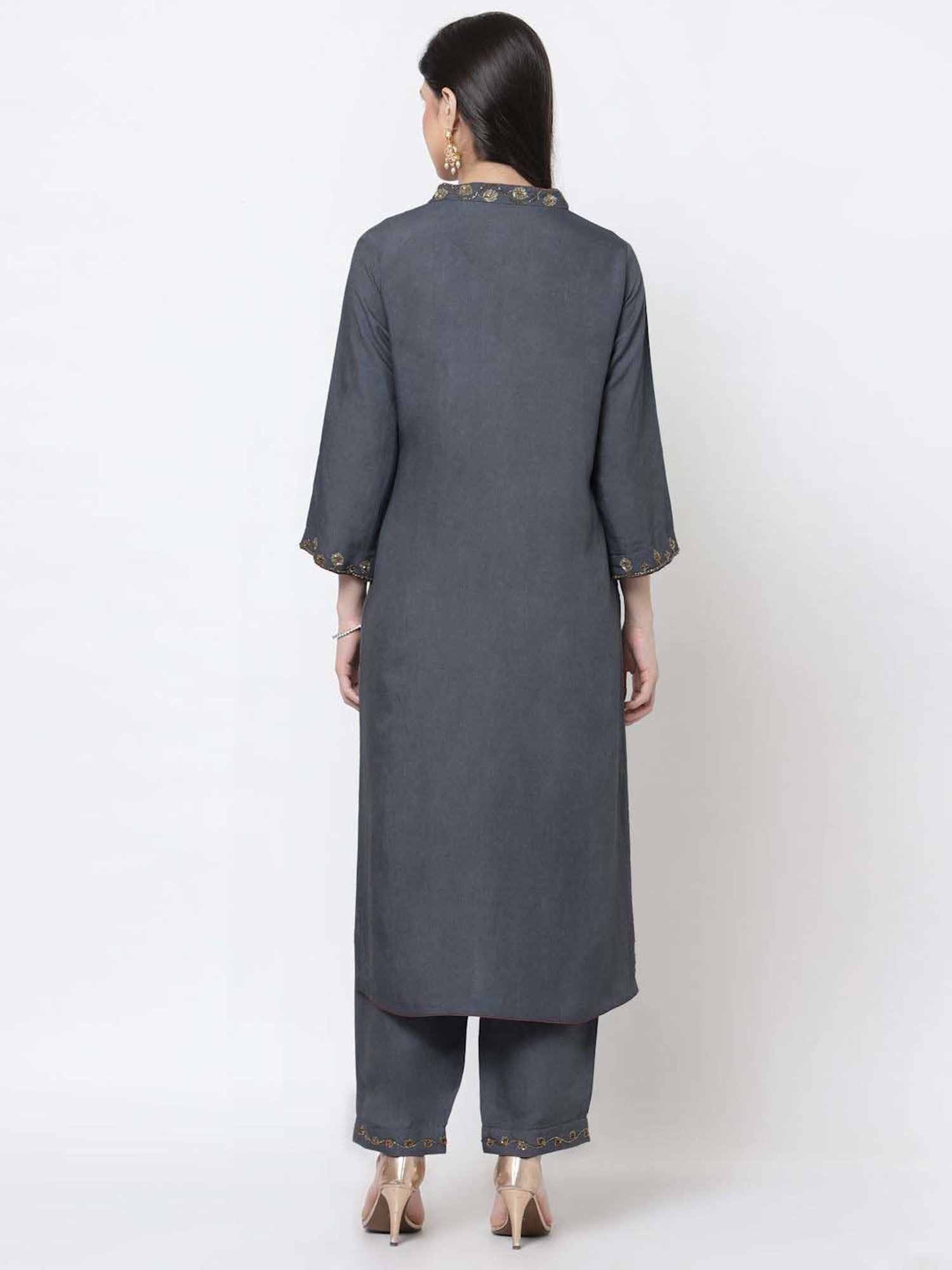 DART STUDIO Grey Linen Embroidered Straight Kurta