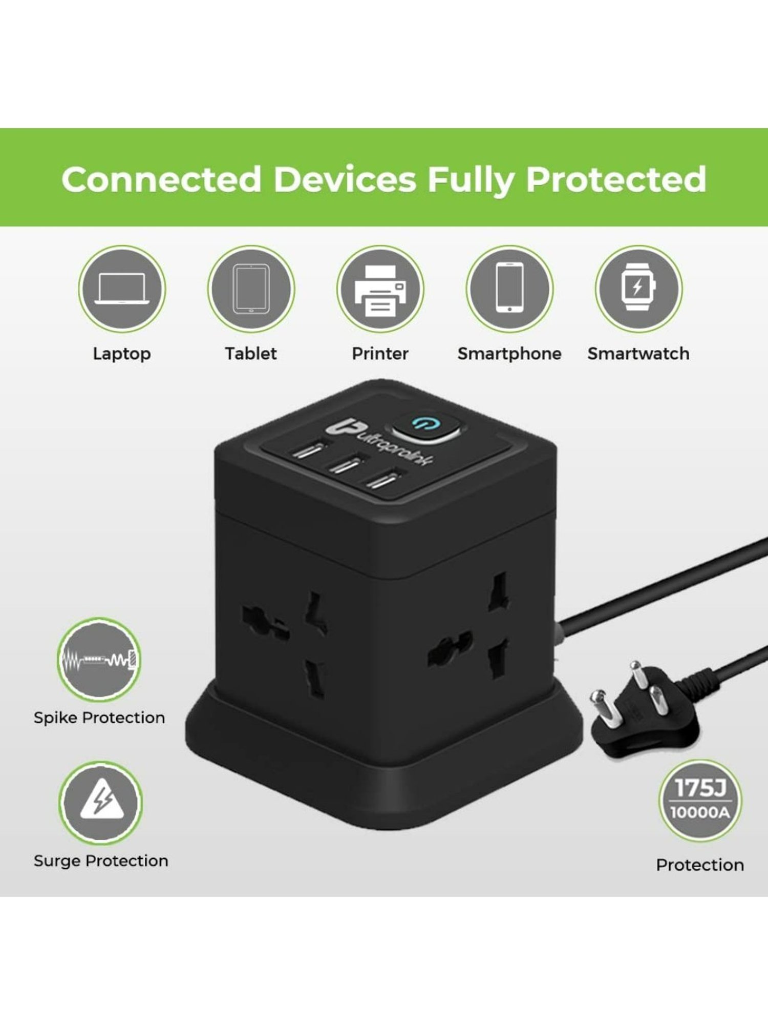 UltraProlink Qube Desktop Surge Protector with QC3.0 & 20W Power Delivery Port (Black)