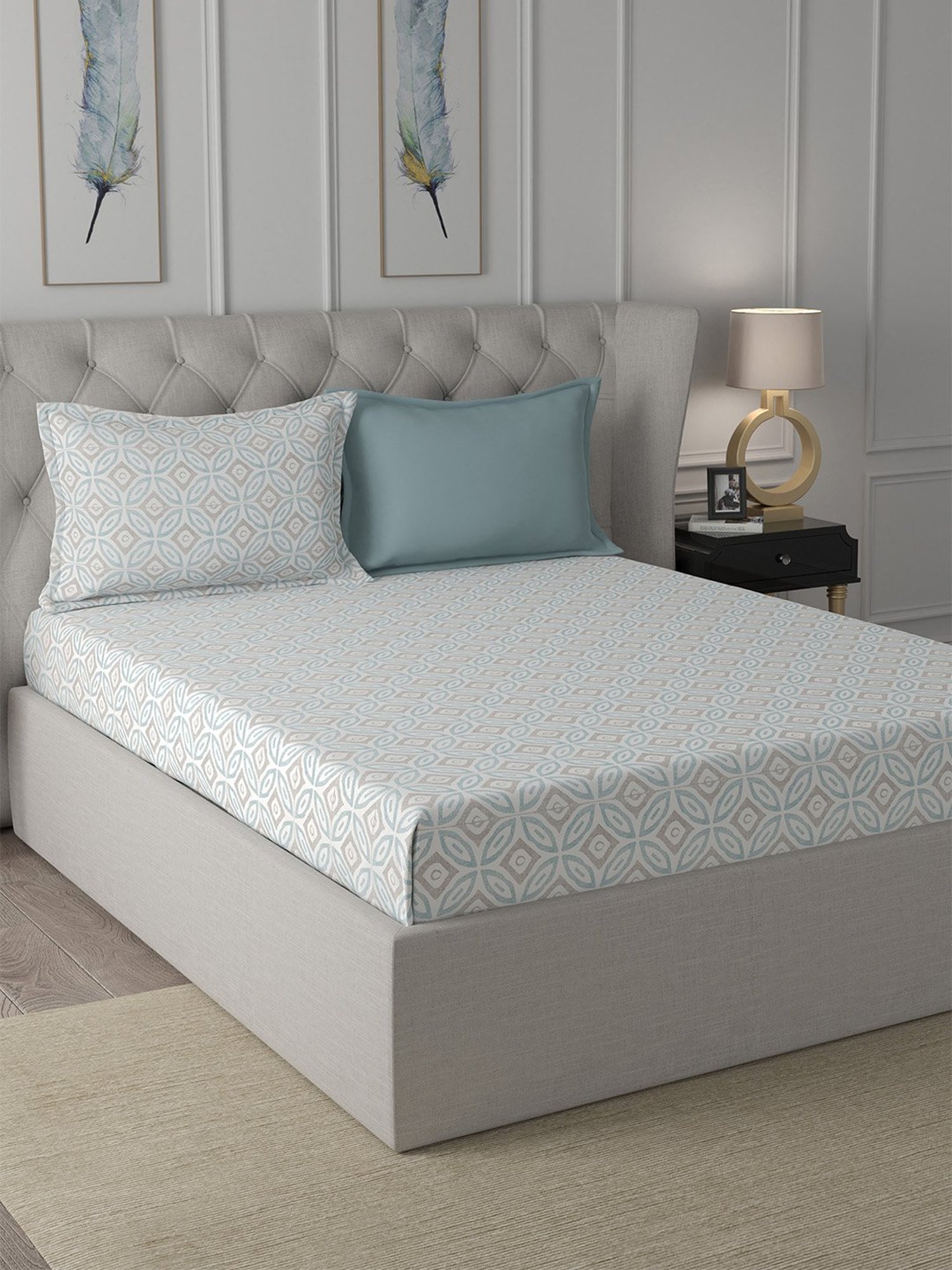 In-House by Maspar Blue 200 TC Cotton Printed Bed Sheet with 2 Pillow Cover