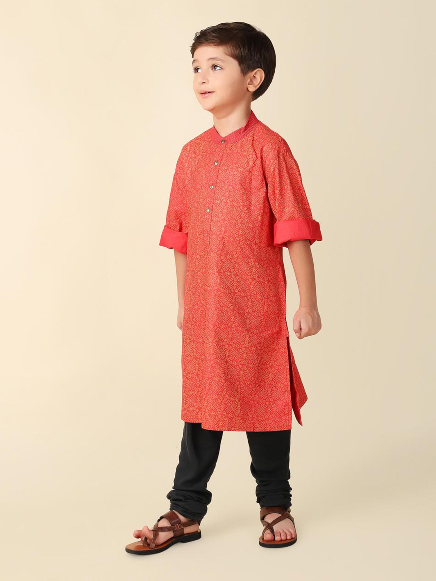 Fabindia Kids Red Printed Full Sleeves Kurta