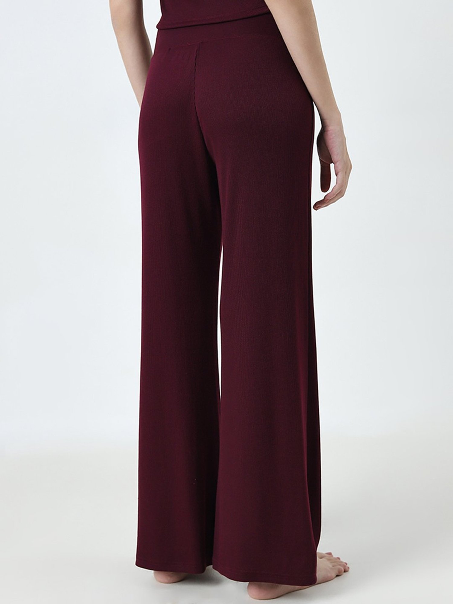 Superstar by Westside Burgundy Ribbed Textured Mid-Rise Pants