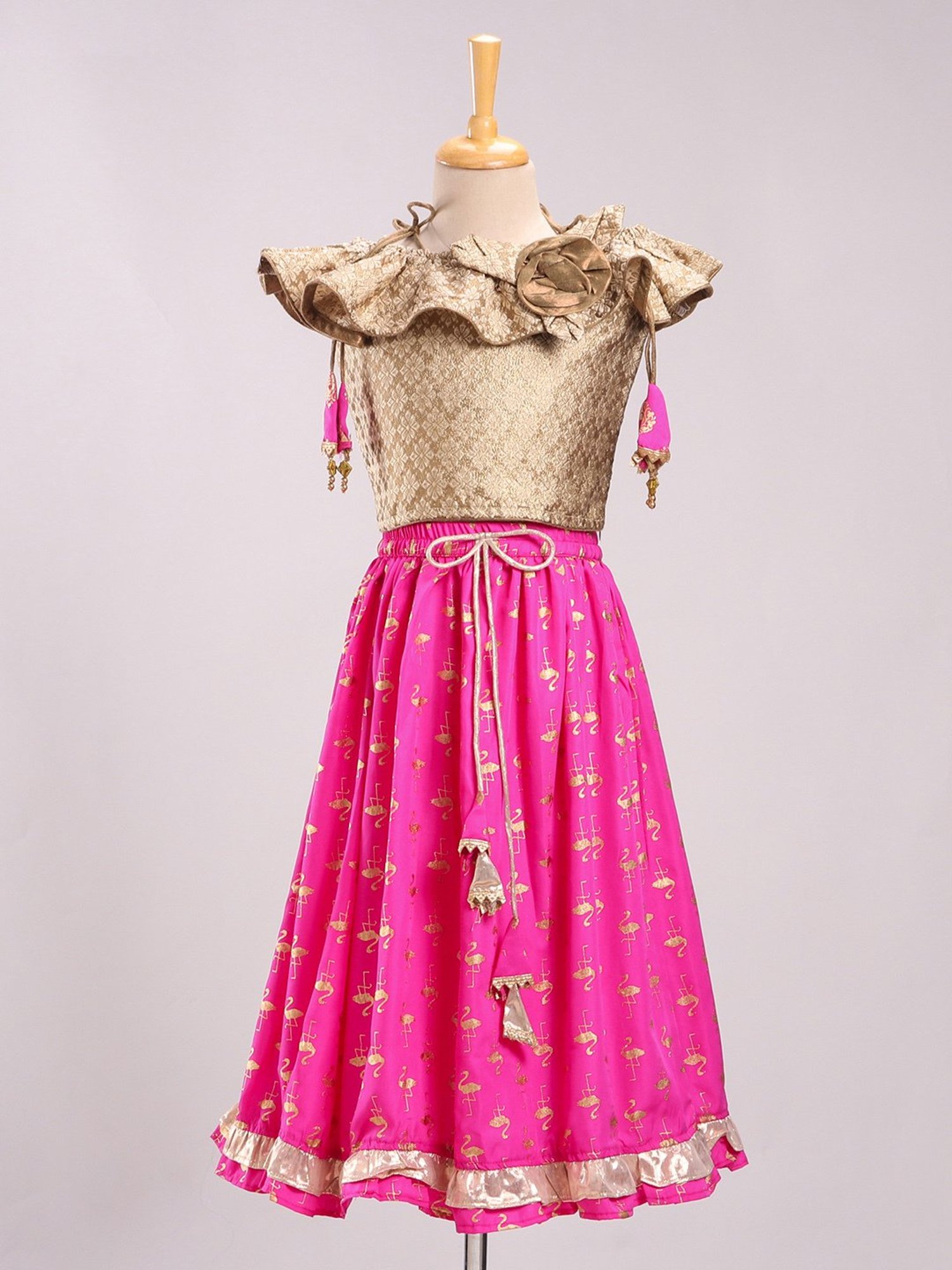 TWISHA Kids Beige & Pink Self Design Top with Ghagra