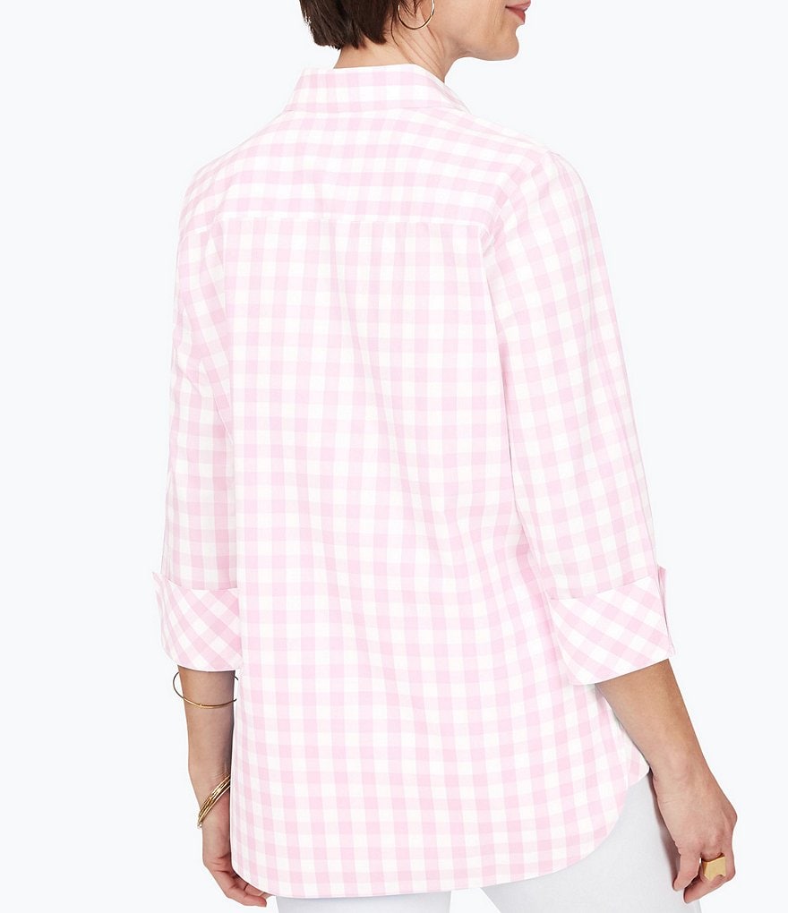 Foxcroft Germaine Gingham 3/4 Roll Tab Sleeve Button Front Blouse