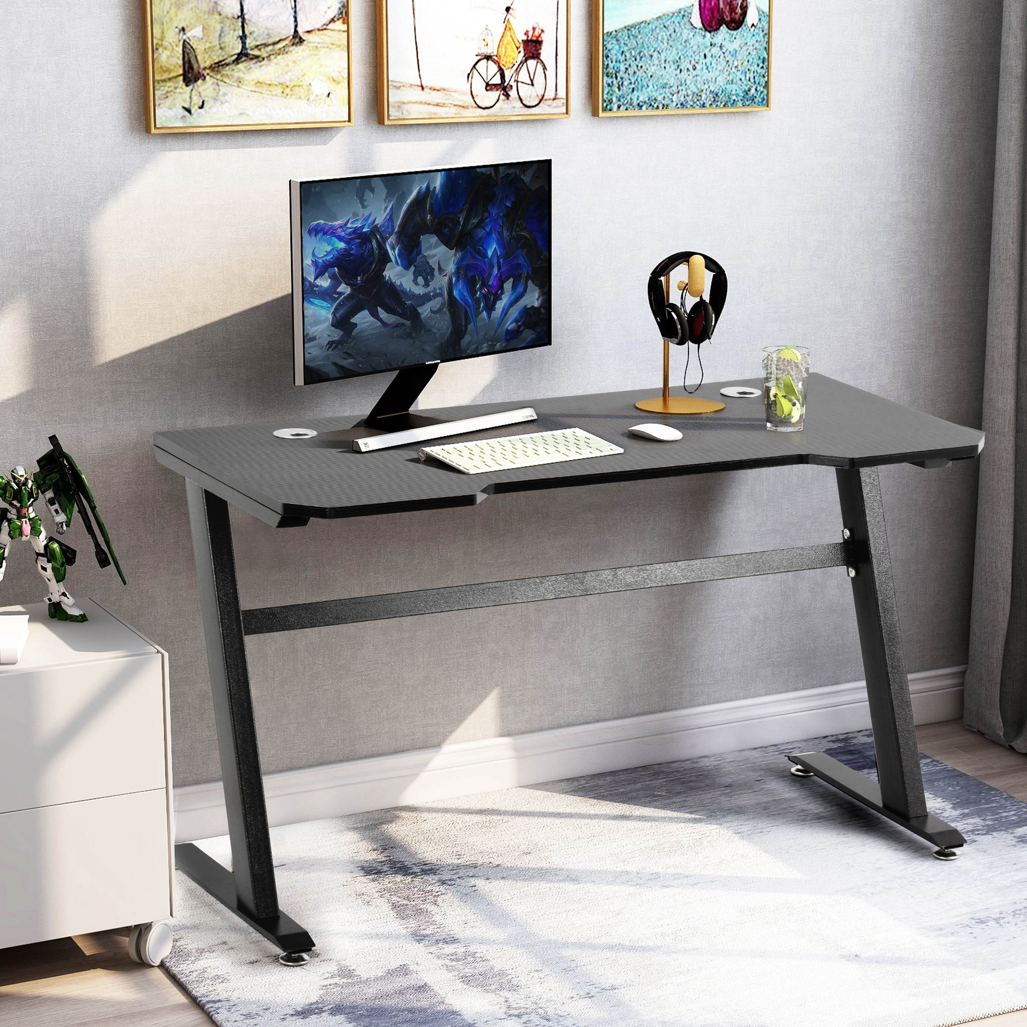 47" Z-Shape Gaming Desk E-Sports Desk Home Office Computer Desk Writing Table Gamer Workstation Of Thicker Steel With 2 Cable Management Holes Adult Ceremony Gift Waterproof