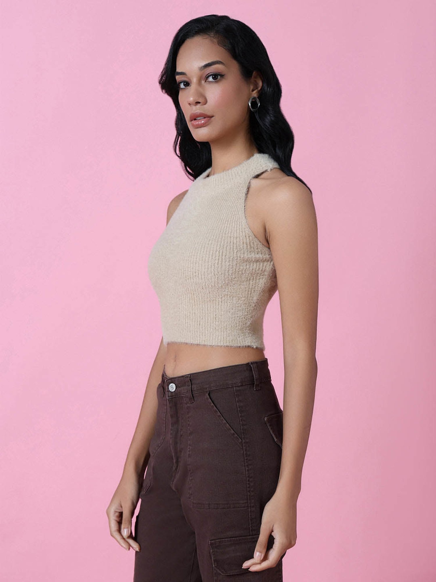 SHOWOFF Beige Regular Fit Crop Top