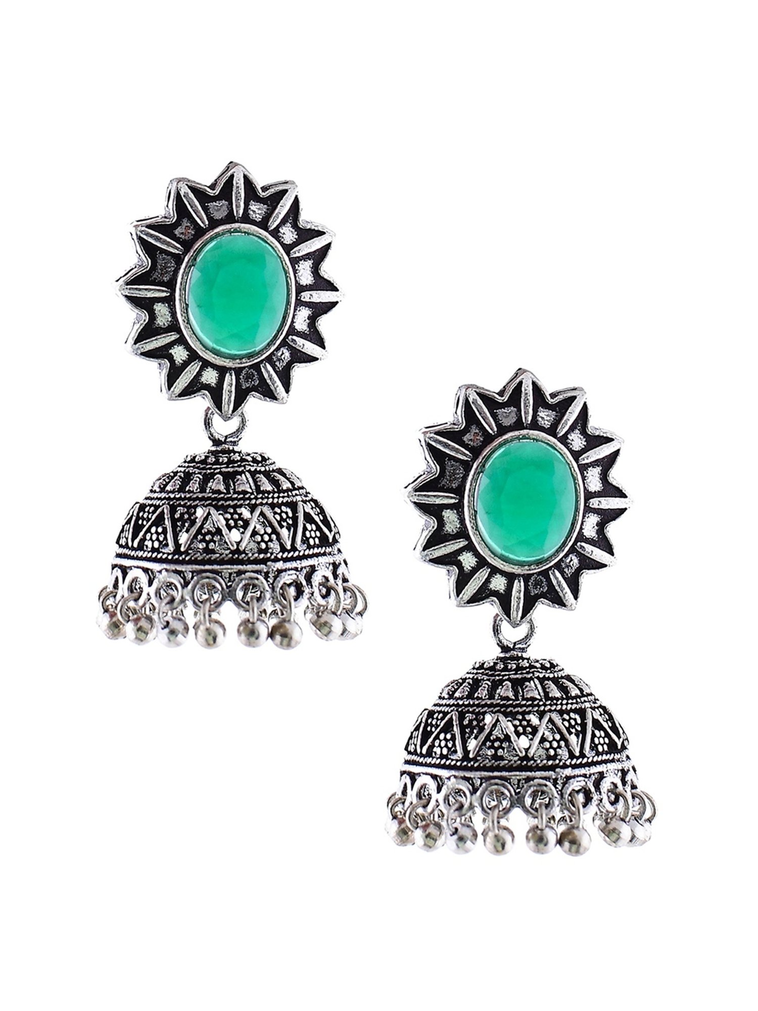 Imli Street Green Silver Tone Stone-Studded Handcrafted Jhumki Earrings