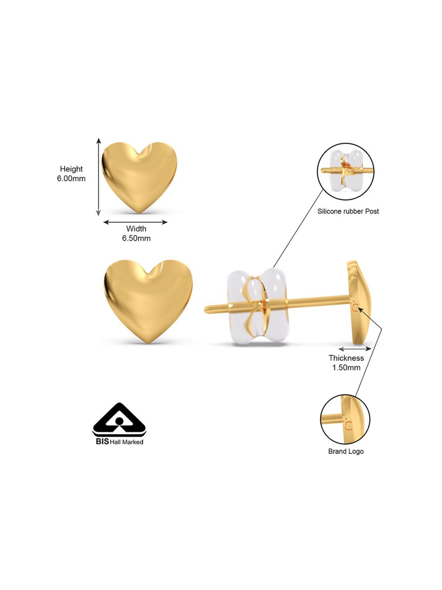 Candere by Kalyan Jewellers 18K Heart Shape Stud Earrings