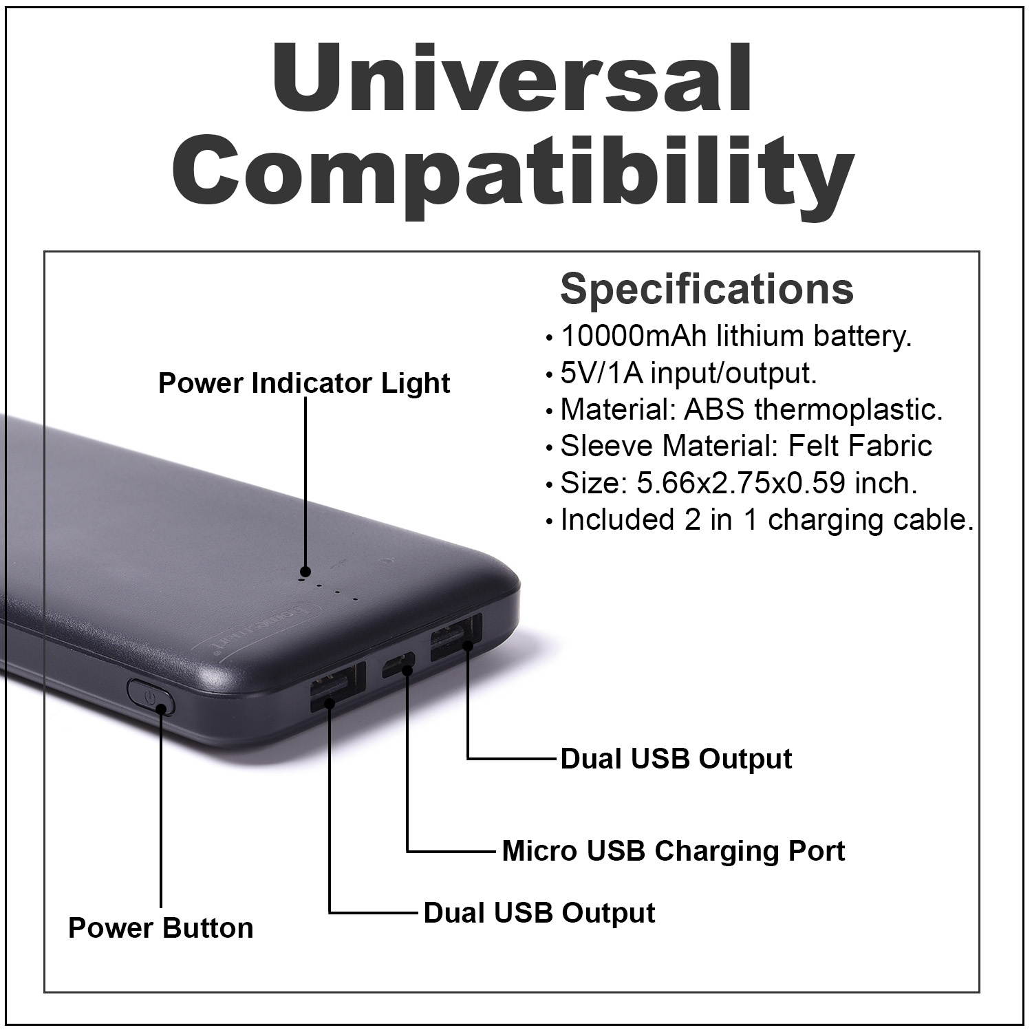 Shop LC 10000mAh Power Bank with 2 in 1 Charging Cable Yellow Felt Sleeve Portable USB Charging Cable Carabiner Emergency Power House Backup