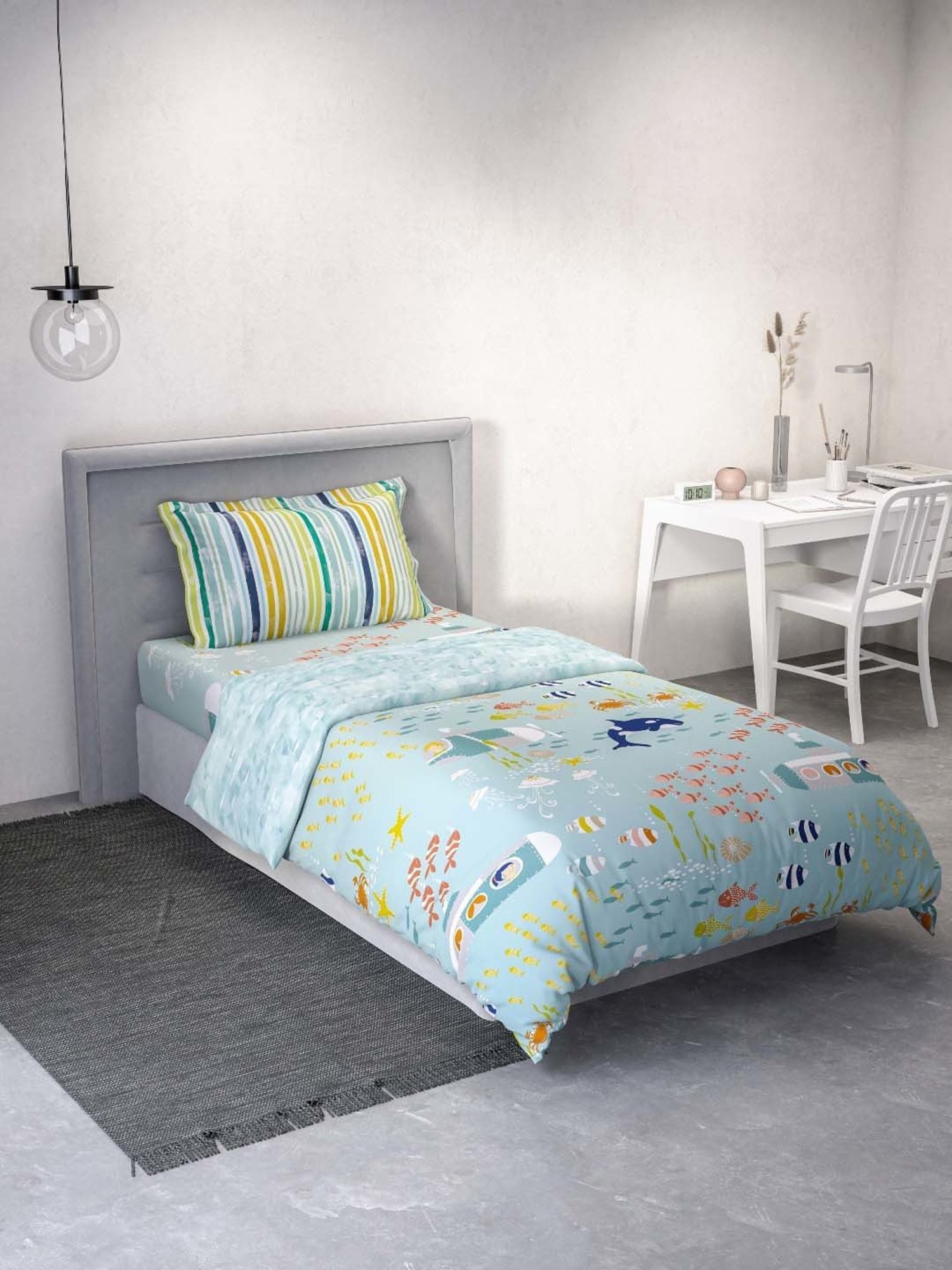 Maspar Blue Cotton 200 TC Reversible Duvet Cover Set