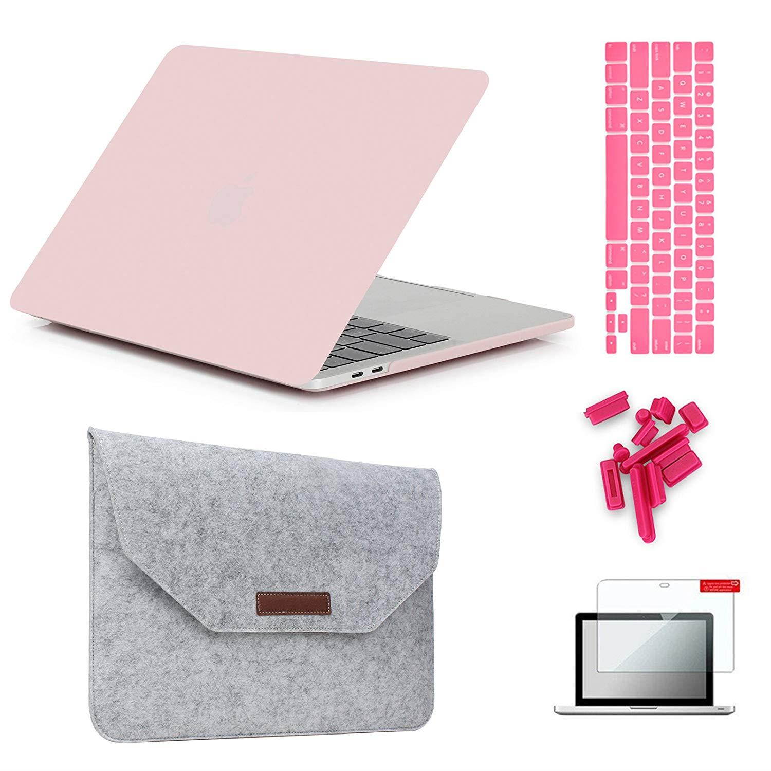 MacBook Pro 15"(2016 & 2017 Release) Hardshell Case & Felt Sleeve[5 in 1 Bundle] with Screen Protector,Keyboard Cover & Dust Plug for Latest MacBook Pro 15" A1707 w/Touch Bar Touch ID - Rose Quartz