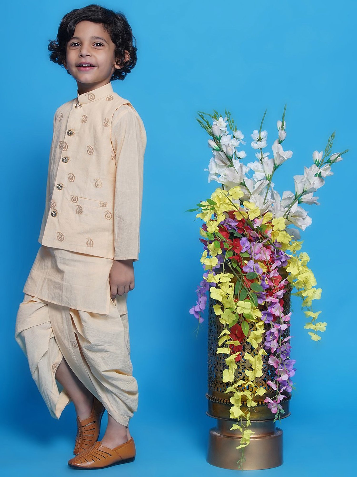 Little Bansi Boys Cream Self Design Full Sleeves Kurta, Dhoti with Jacket