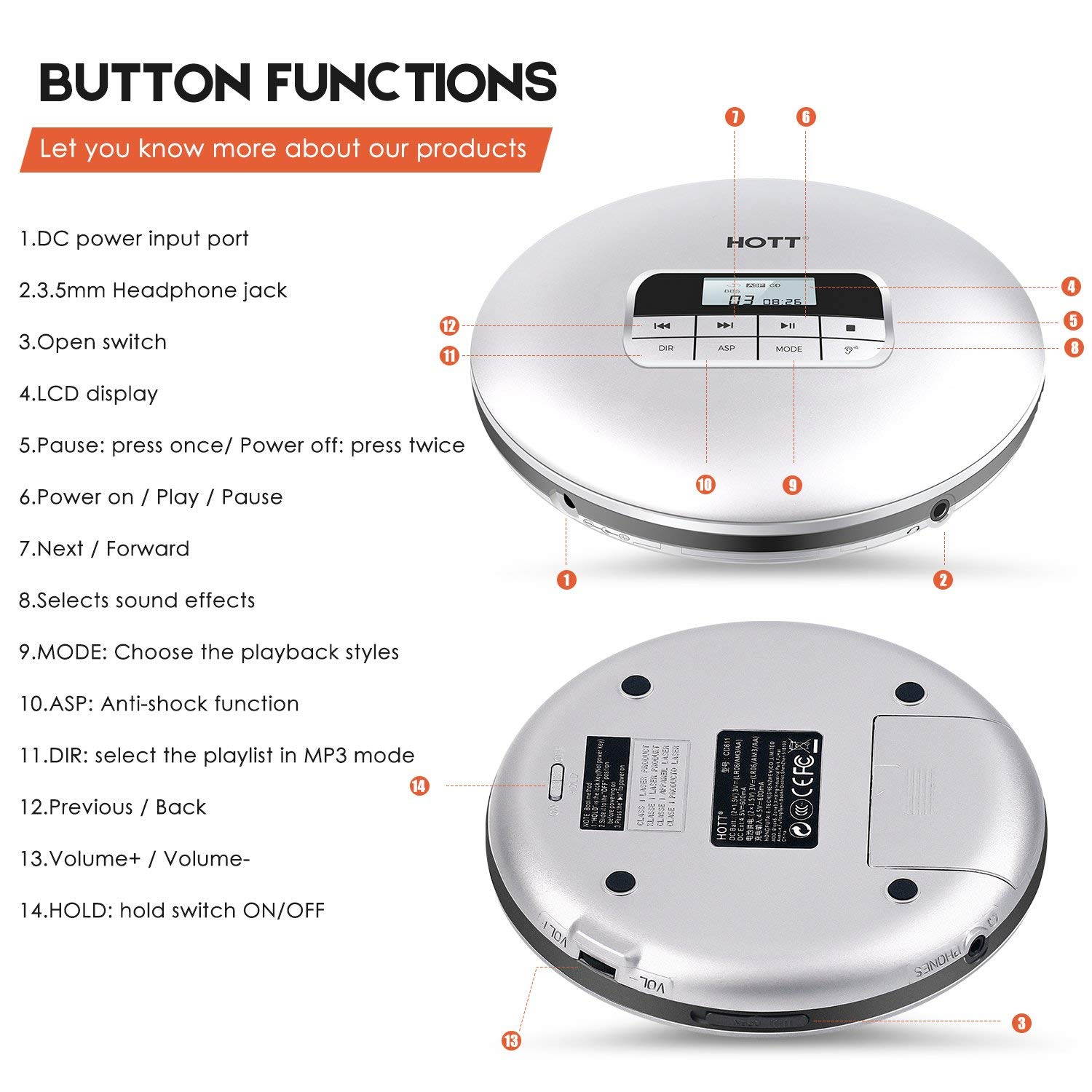 CD Player with Headphones, HOTT Personal CD Walkman Music Player with LCD Display, Skip Protection Shockproof Anti Scratch Function, Support CD, MP3 CD, CD-R, CD-RW Format - Black