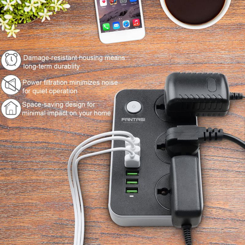 Power Strip with USB Ports Long Cord Universal Socket 3 Outlets Surge Protector 6 Quick USB (5V 3.4A 17W) Charging Station 6.5ft Power Cord 2500W Circuit Breaker Child Safe Door (Black)