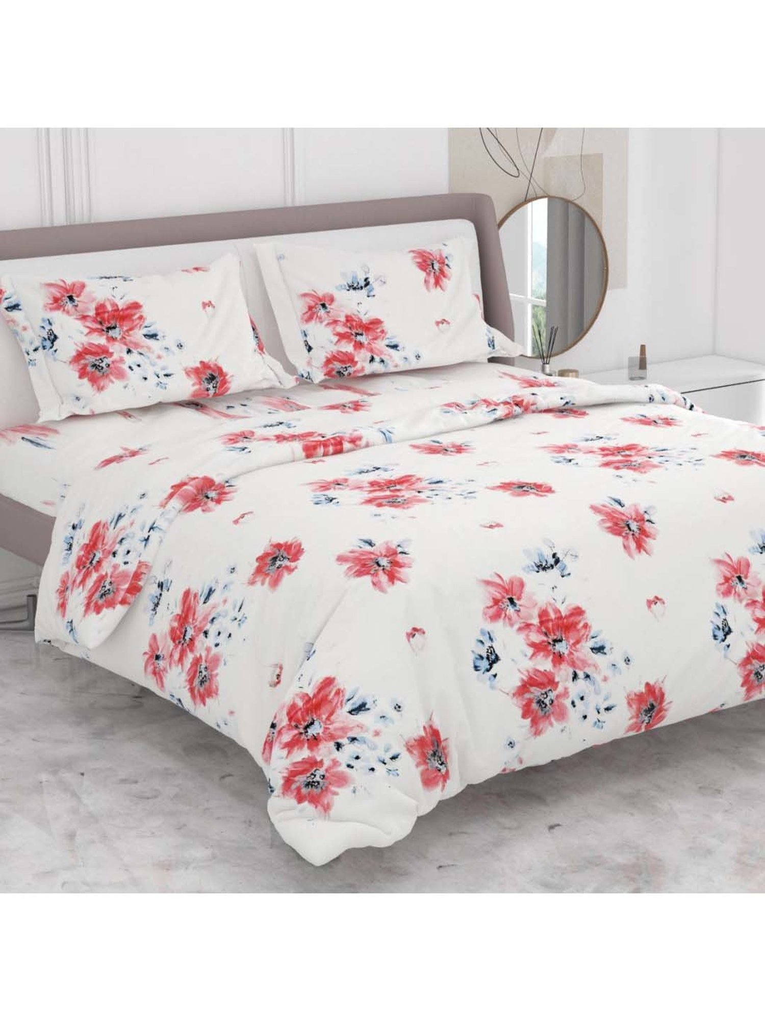Ariana White & Red Cotton 400 TC Double Bedsheet With 2 Pillow Cover