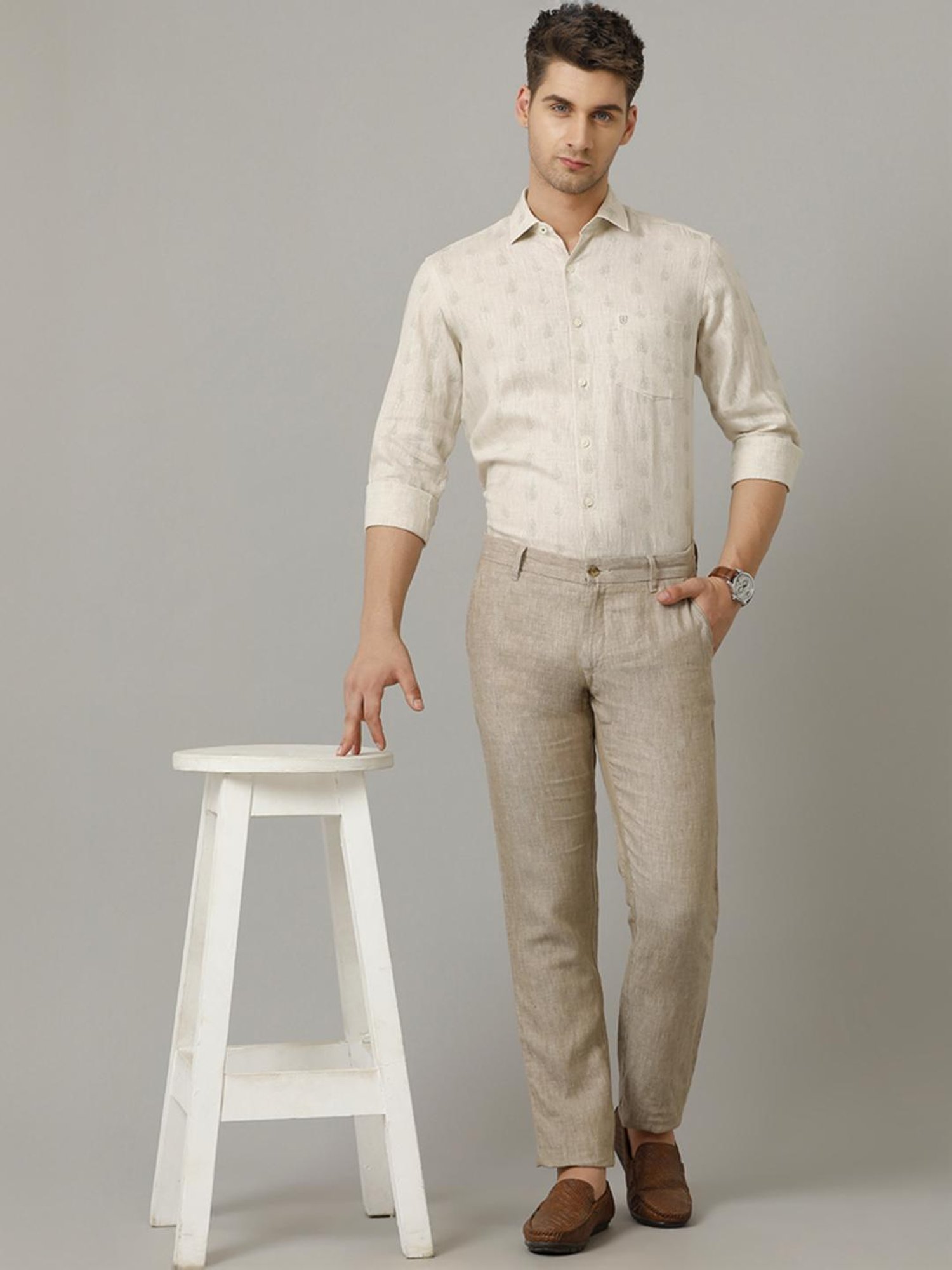 Linen Club Beige Linen Contemporary Fit Printed Shirt