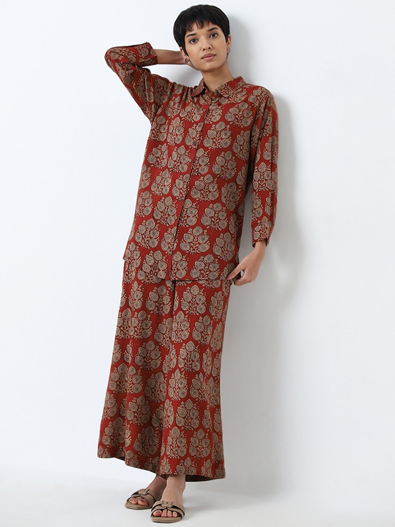 Utsa by Westside Dusty Red Foliage Printed Ethnic Tunic