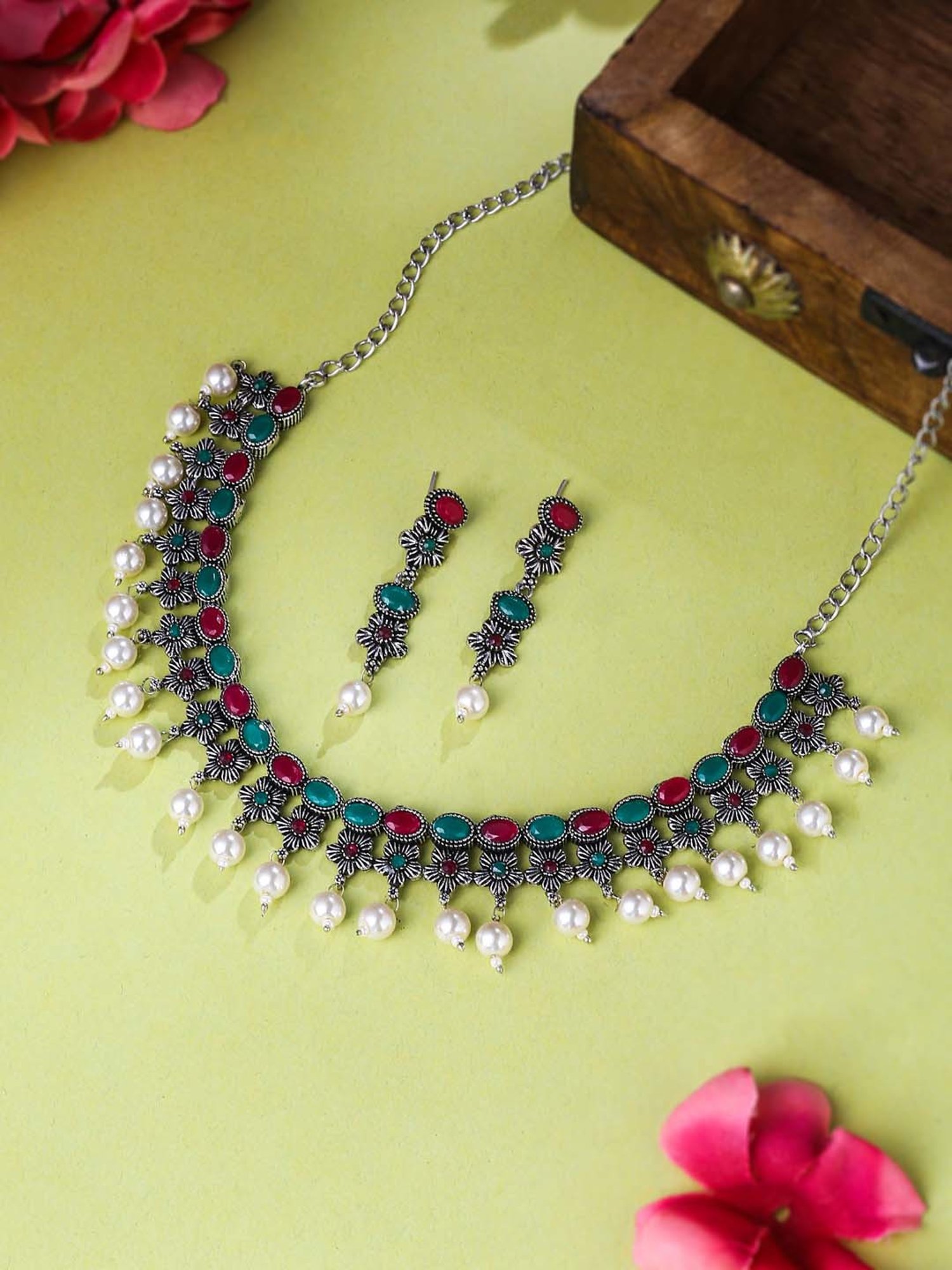 NVR Silver-Plated Stone Studded Oxidized Silver Jewellery Set for Women